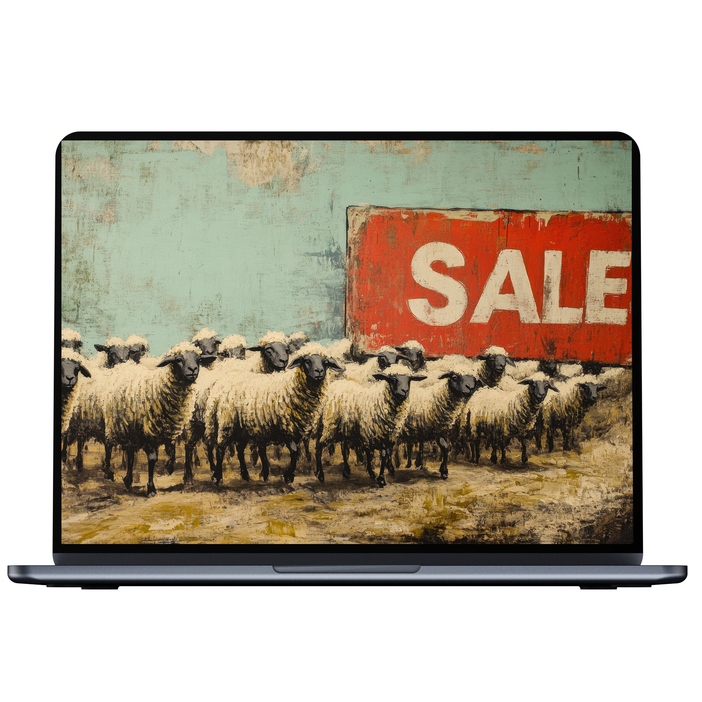 Street art desktop wallpaper of sheep with a red sale sign on rustic textures inspires calm for PC, laptop digital download