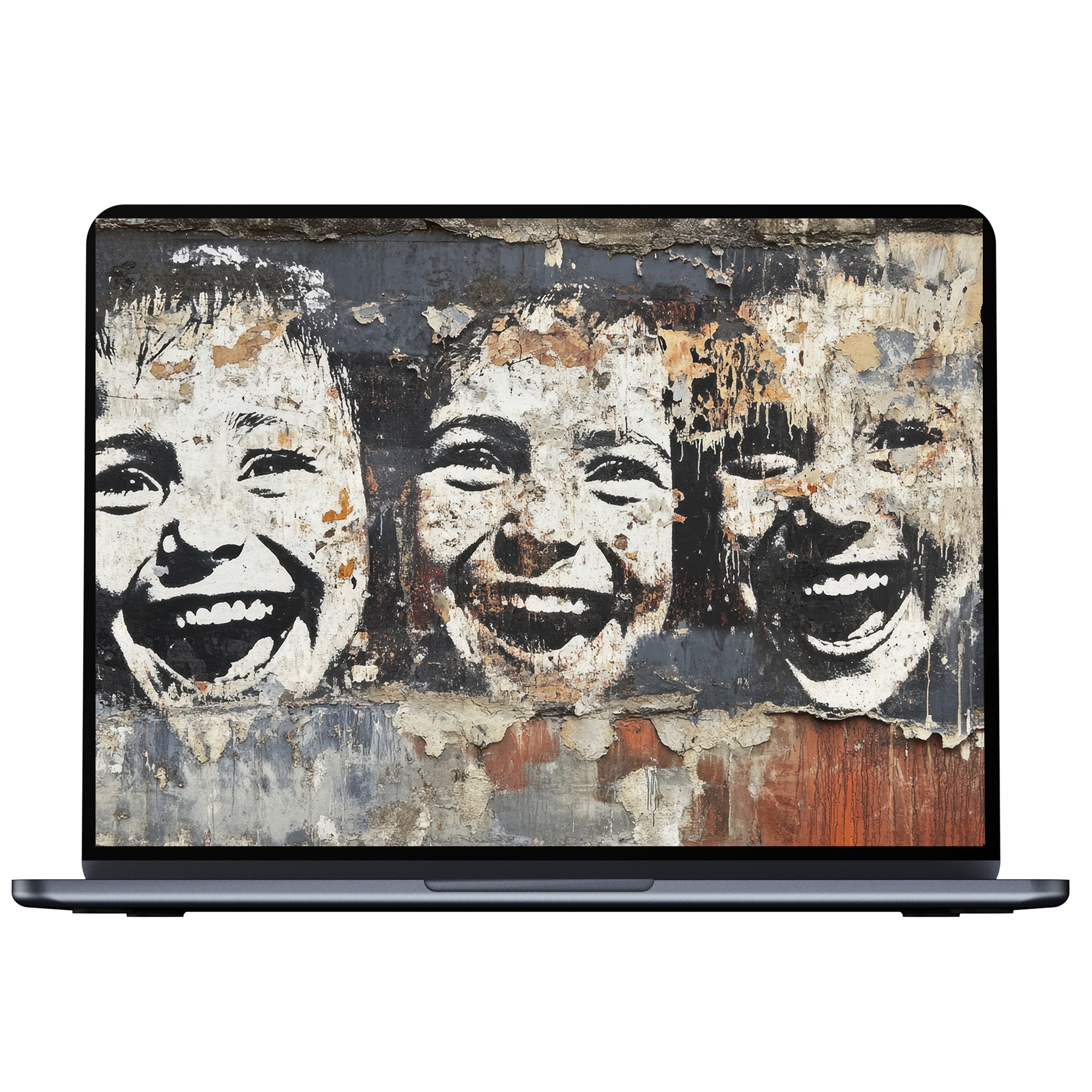 Street art desktop wallpaper with smiling faces in rustic hues offers calm elegance for PC or laptop digital download users