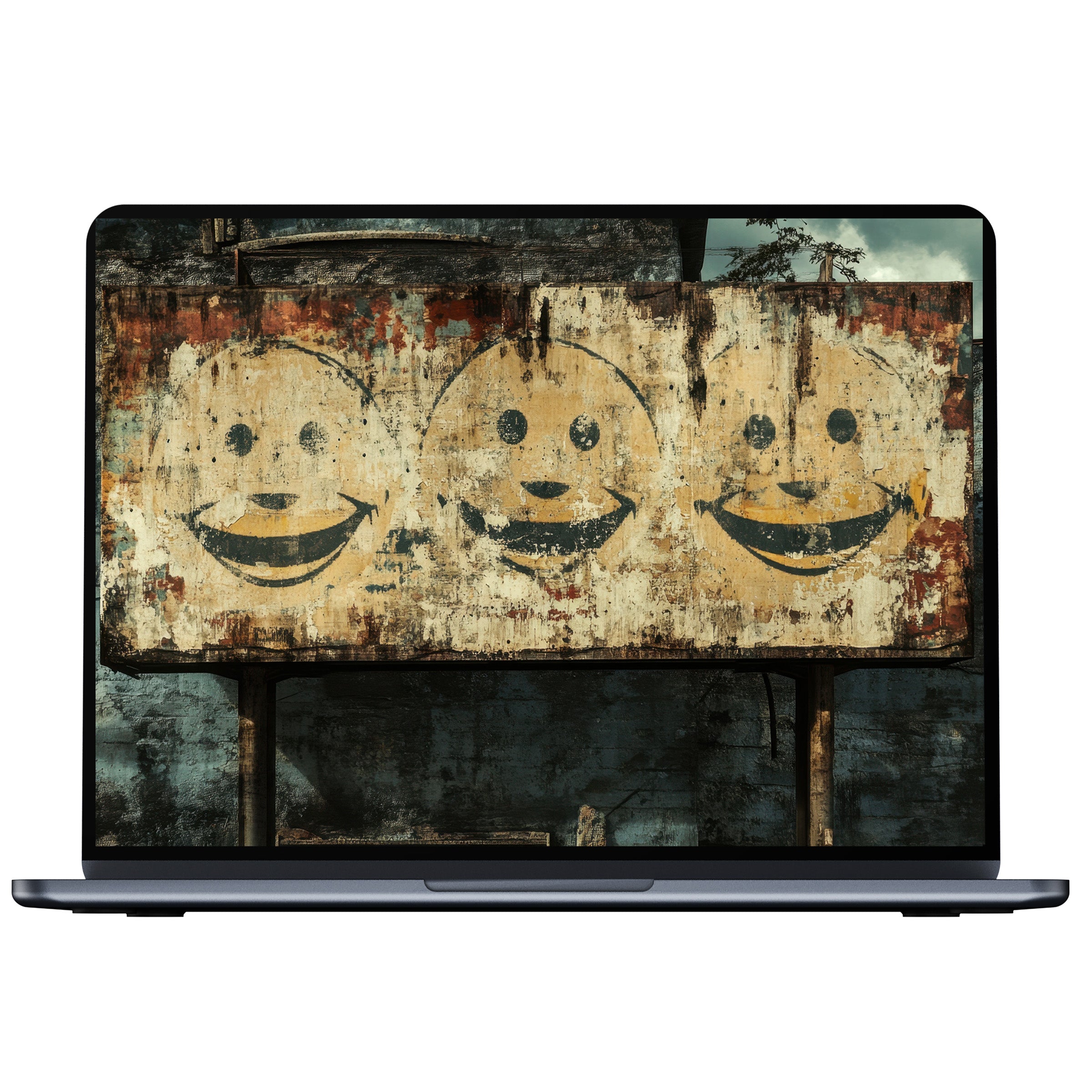 Street art desktop wallpaper featuring weathered smiley faces in rustic tones inspiring calm and mindfulness digital download for PC laptop