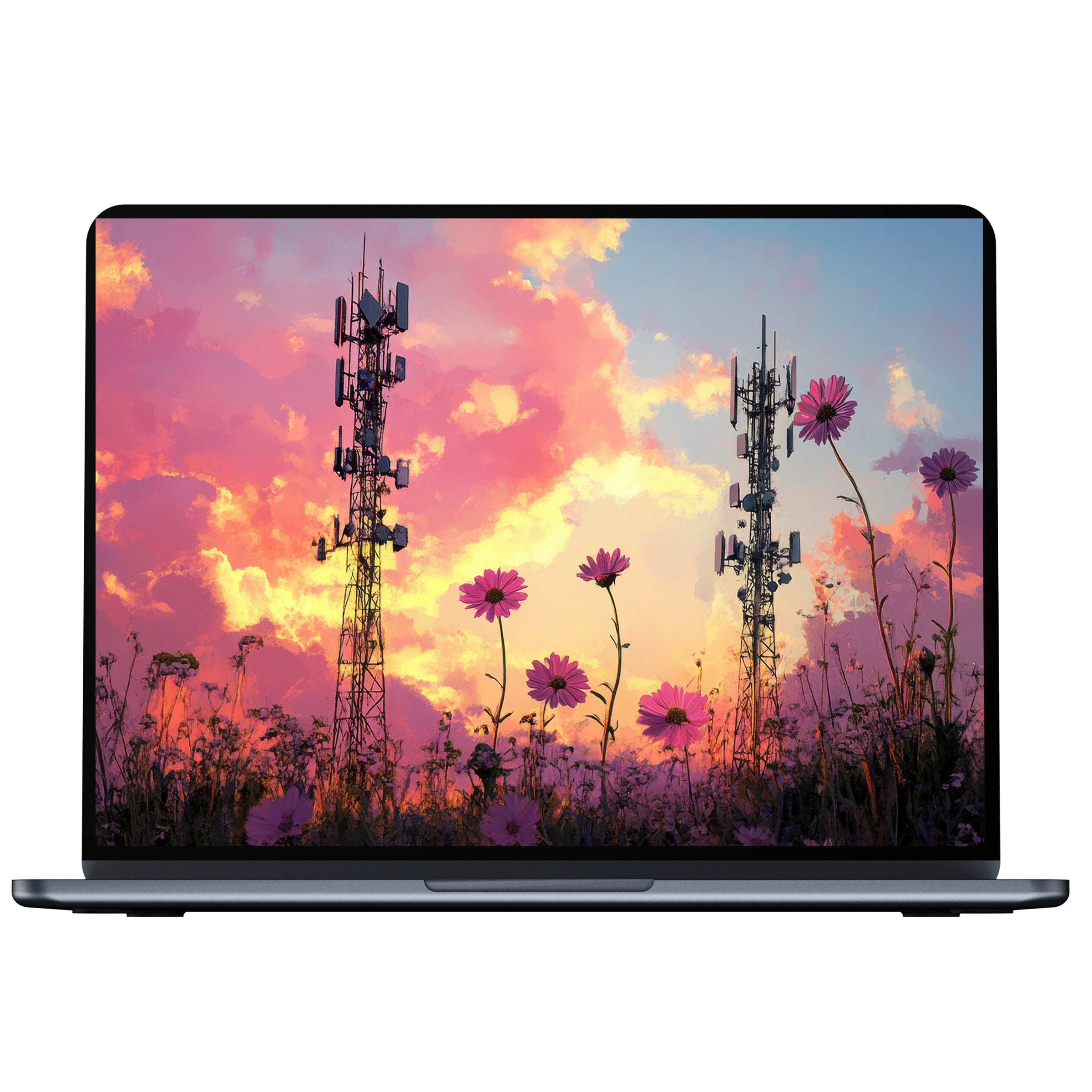 Street art desktop wallpaper with serene sunset over floral landscape and towers offers calm inspiration for PC or laptop digital download