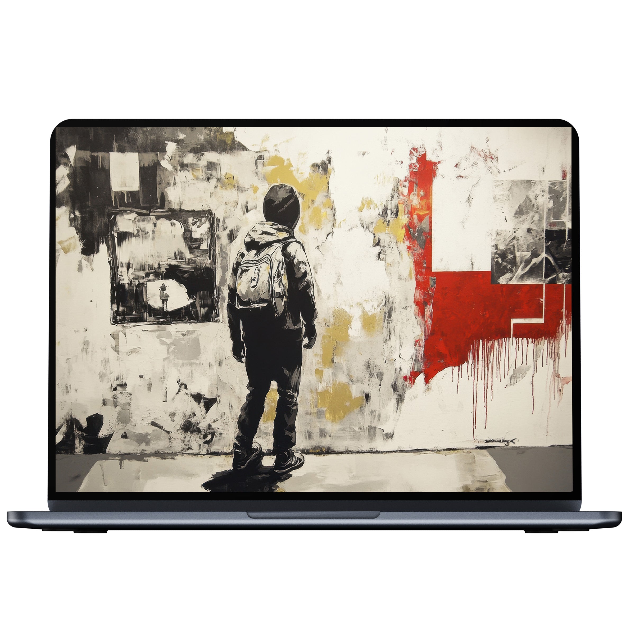 Street art desktop wallpaper featuring a child in grayscale against a red and yellow abstract design digital download for PC and laptop