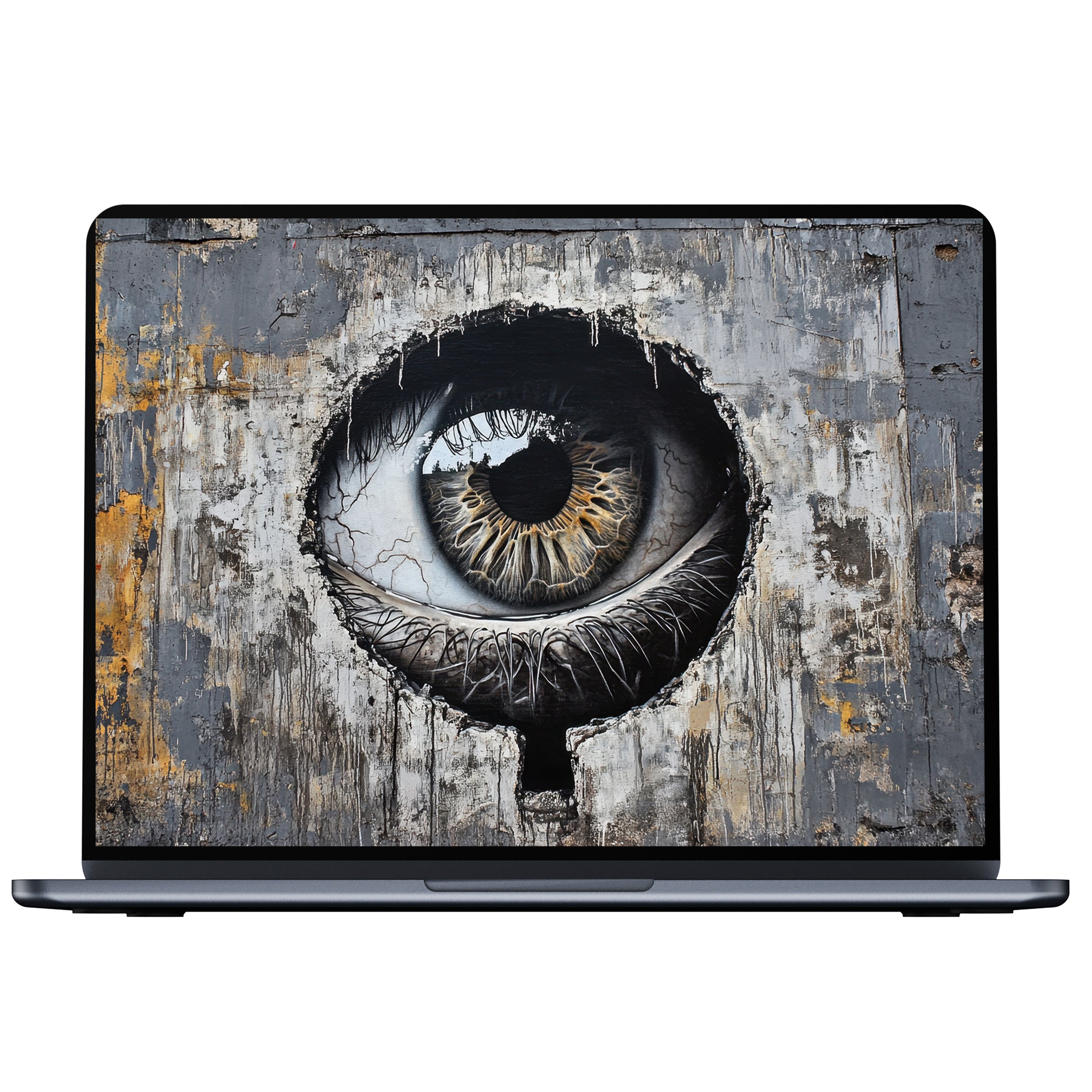 Street art desktop wallpaper featuring a mesmerizing eye on textured concrete, perfect digital download for PC, Laptop, or Mac users