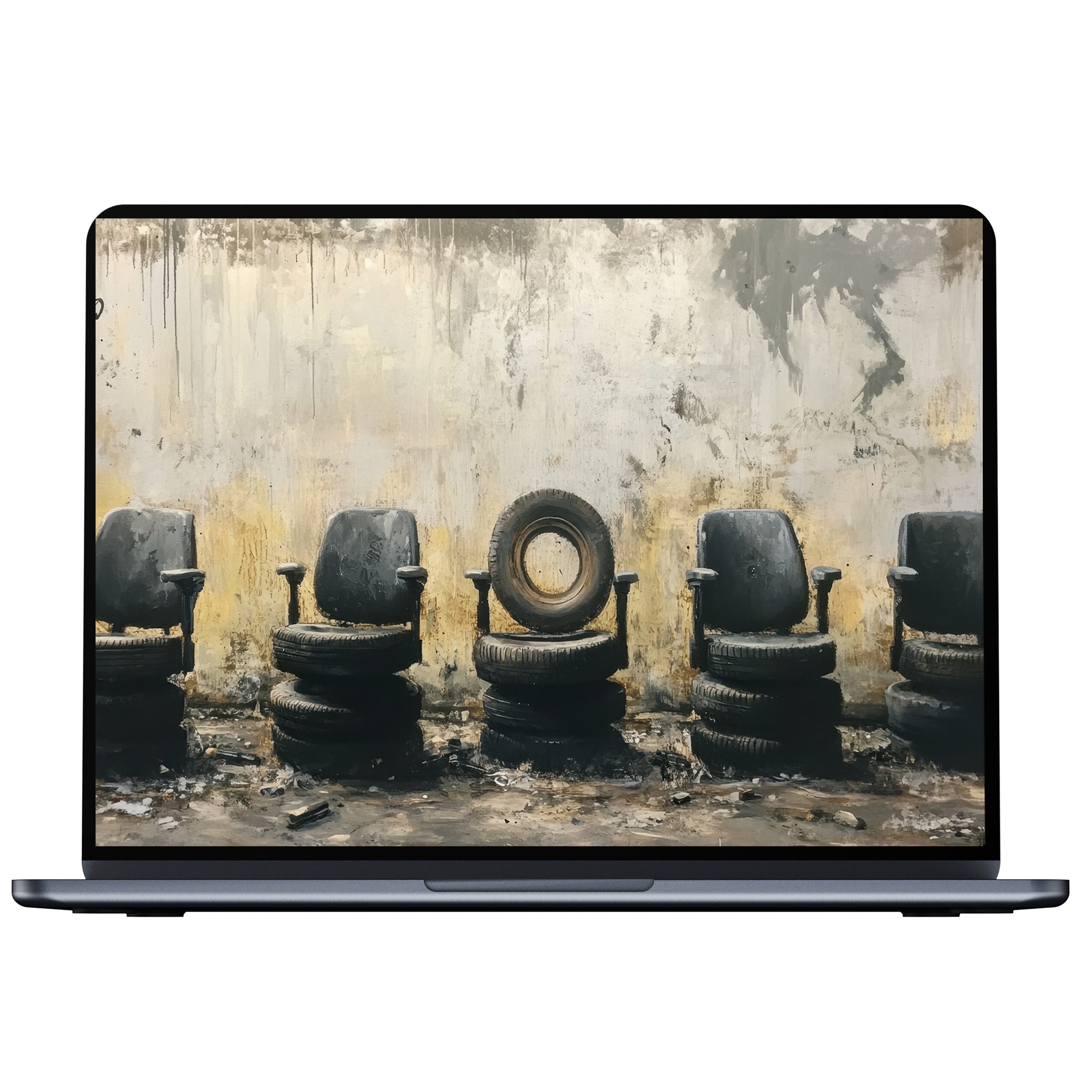 Street art desktop wallpaper showcasing vintage chairs on tire stacks evokes calm and elegance for PC, laptop digital download use