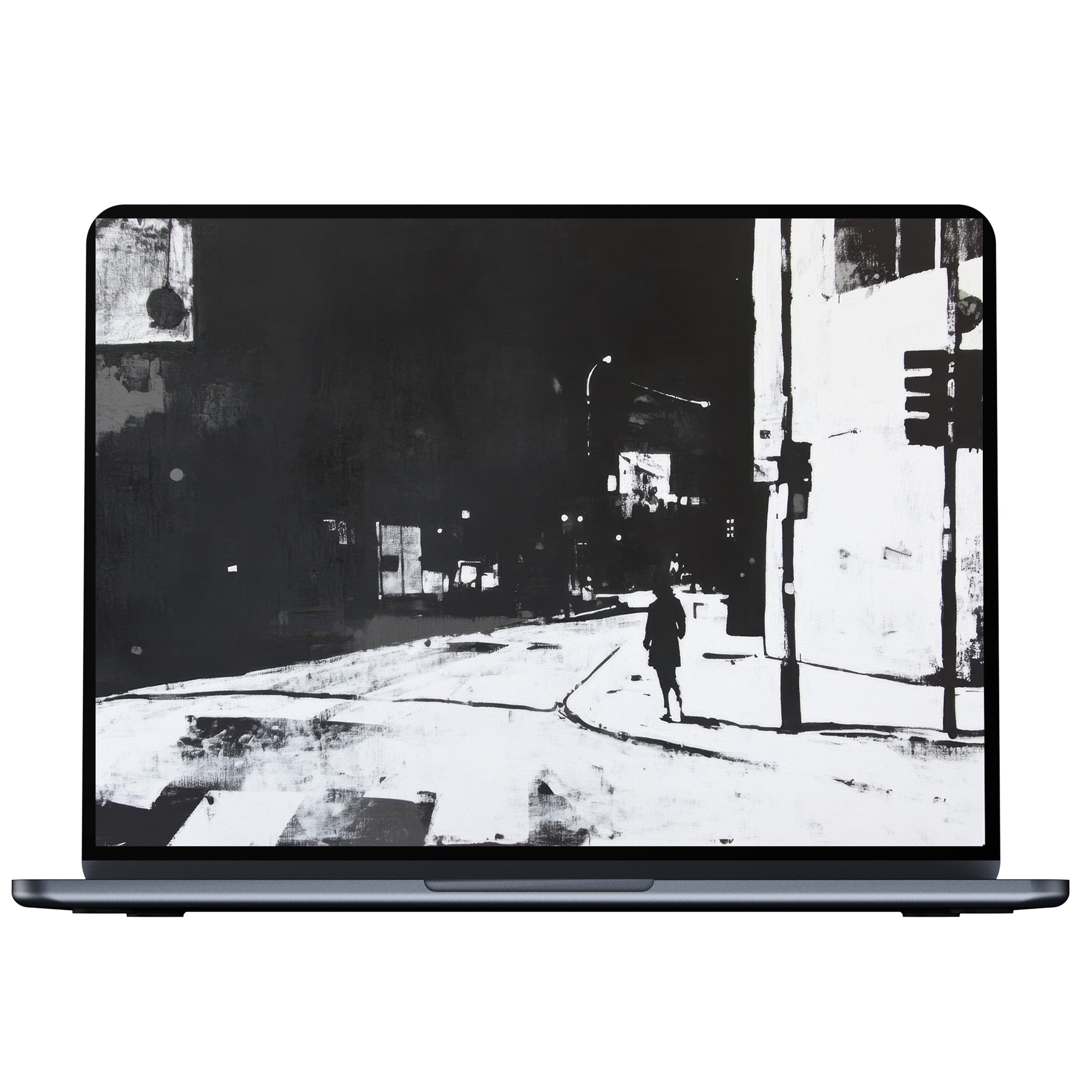 Black and white street art desktop wallpaper for PC or laptop digital download evokes calm elegance with urban silhouettes