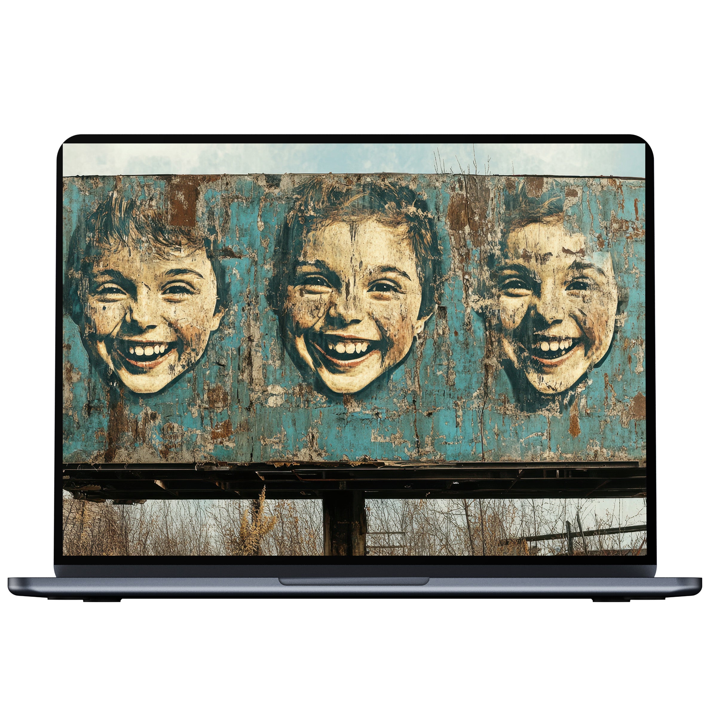 Street art desktop wallpaper with joyful children's faces on a weathered teal mural evokes calm inspiration for PC and laptop users