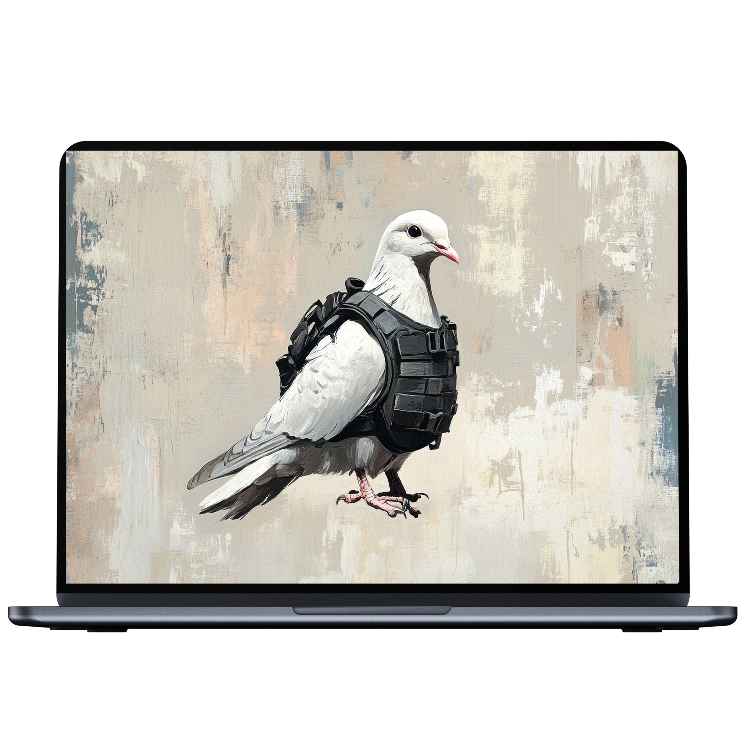 Street art desktop wallpaper featuring a white dove in a tactical vest on an abstract backdrop digital download for PC and laptop