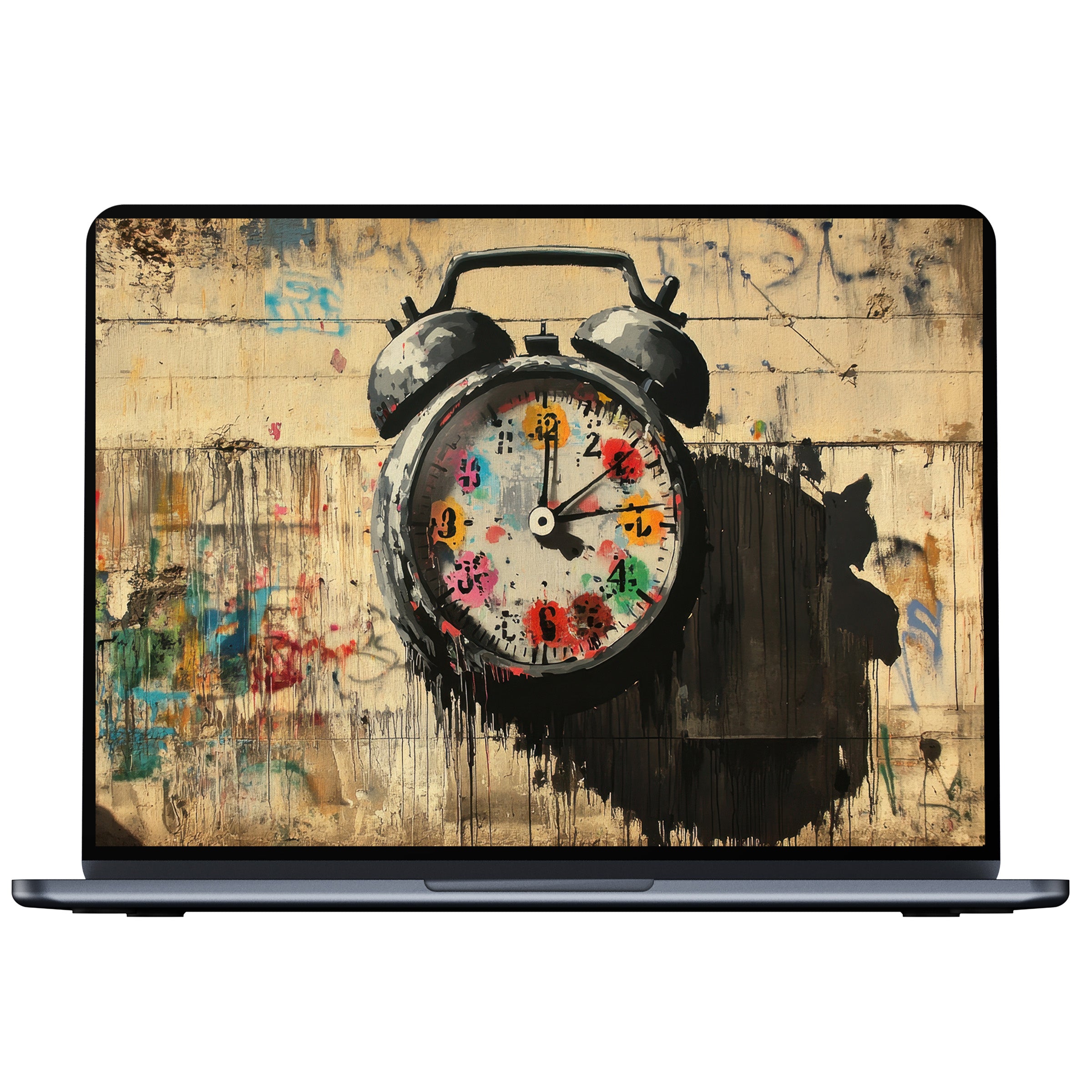 Vibrant street art desktop wallpaper with a colorful clock mural inspires mindfulness on your PC or laptop digital download