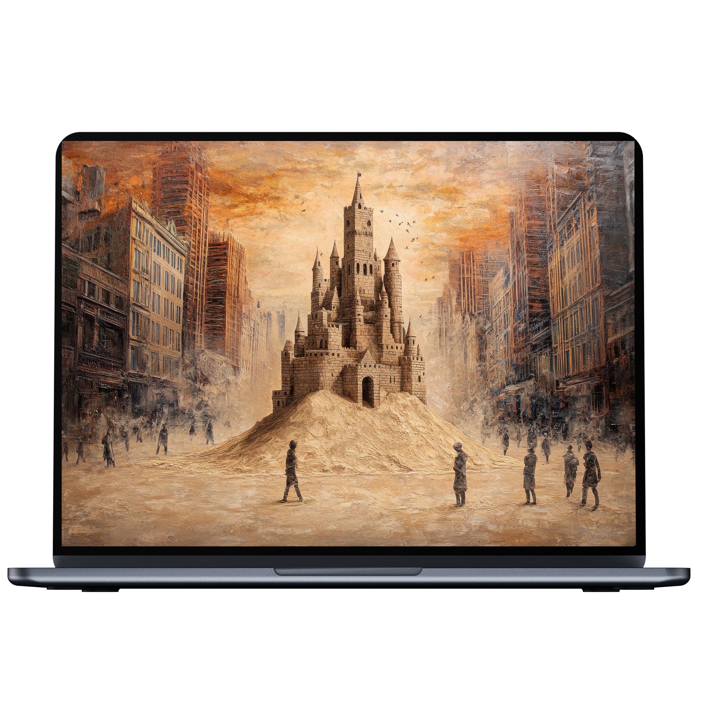 Street art desktop wallpaper featuring a serene sandcastle landscape with warm tones available as digital download for PC and laptop