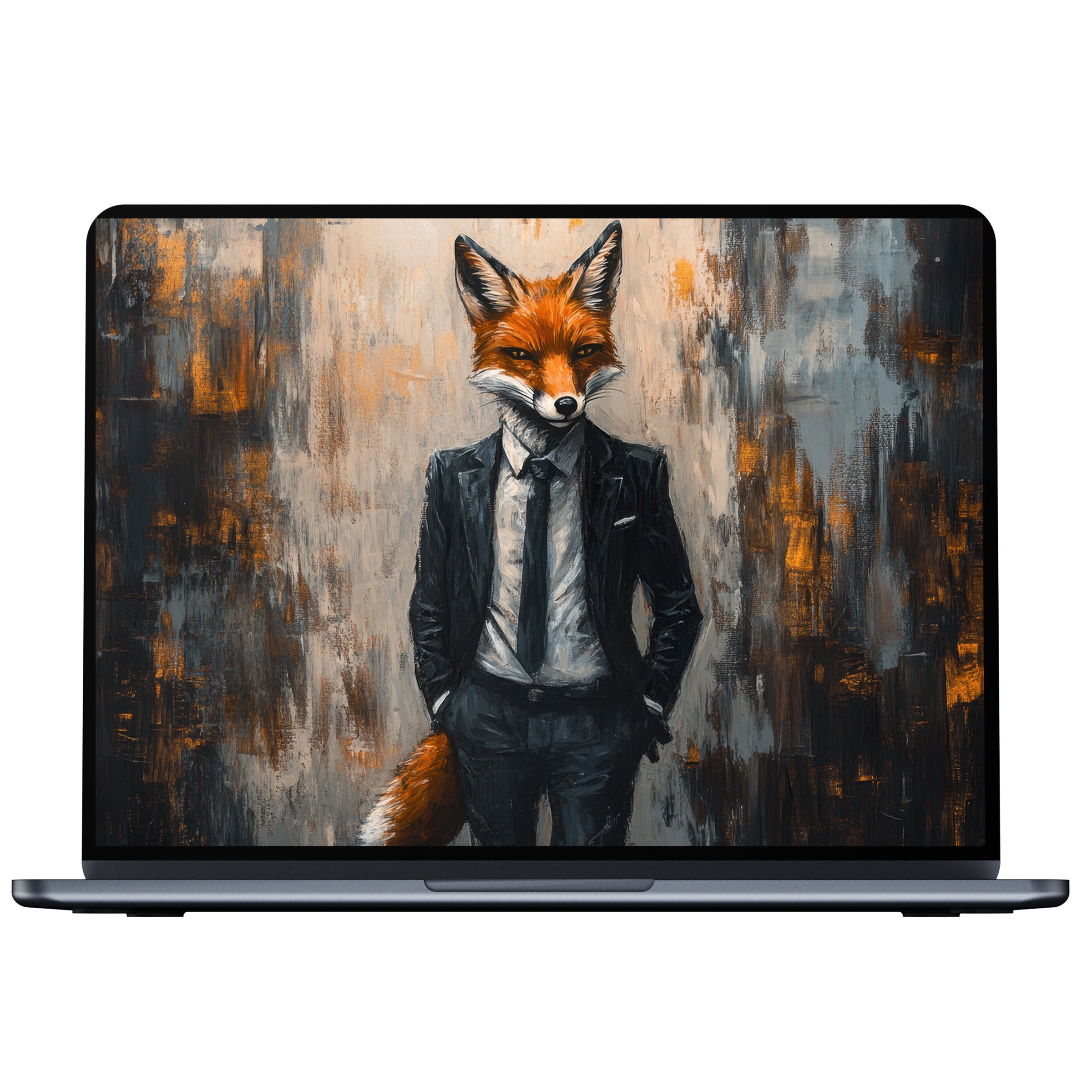 Street art desktop wallpaper featuring a fox in a suit against a textured backdrop perfect for PC and laptop digital download