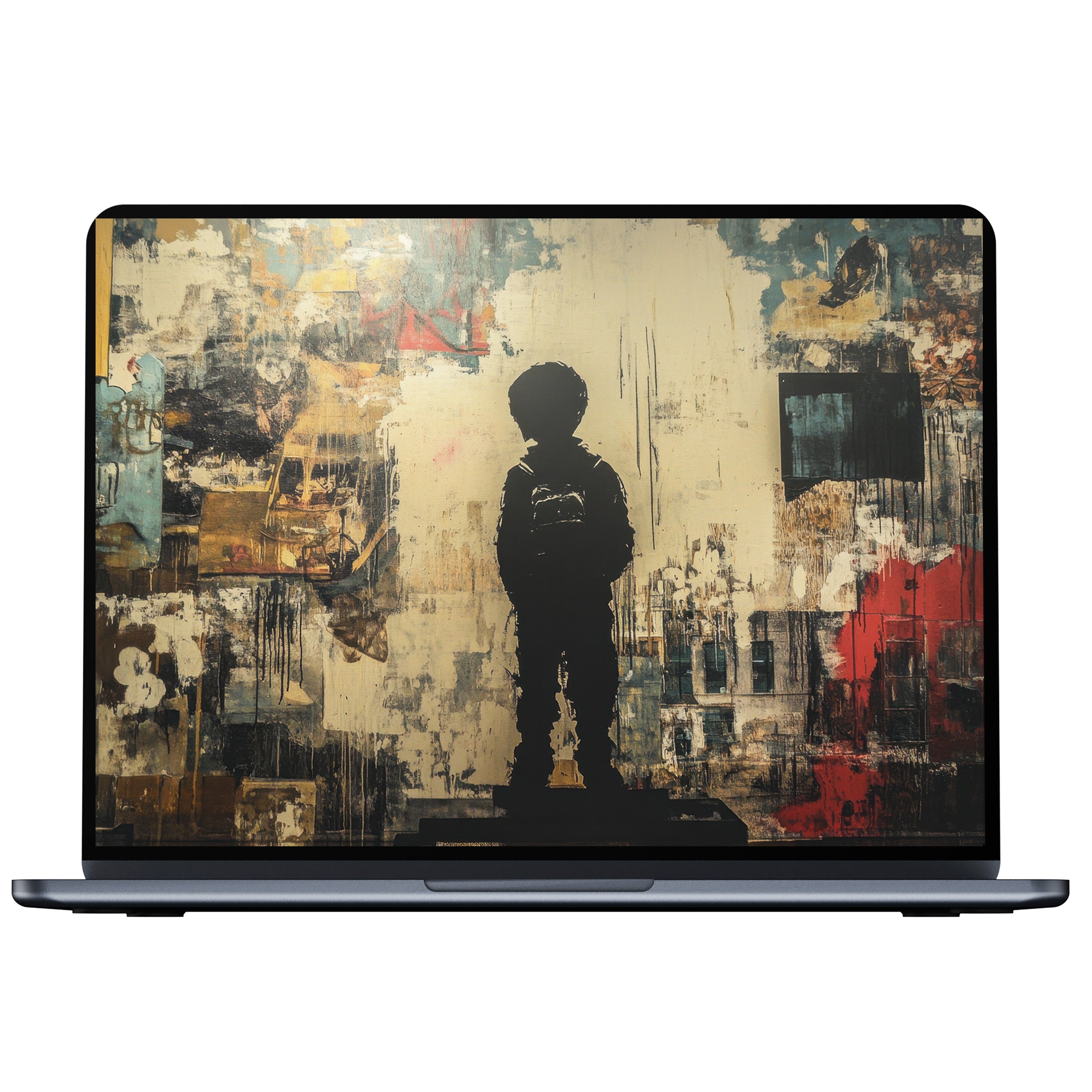 Street art desktop wallpaper featuring a silhouette child against abstract textures offers calm inspiration for PC, laptop, digital download