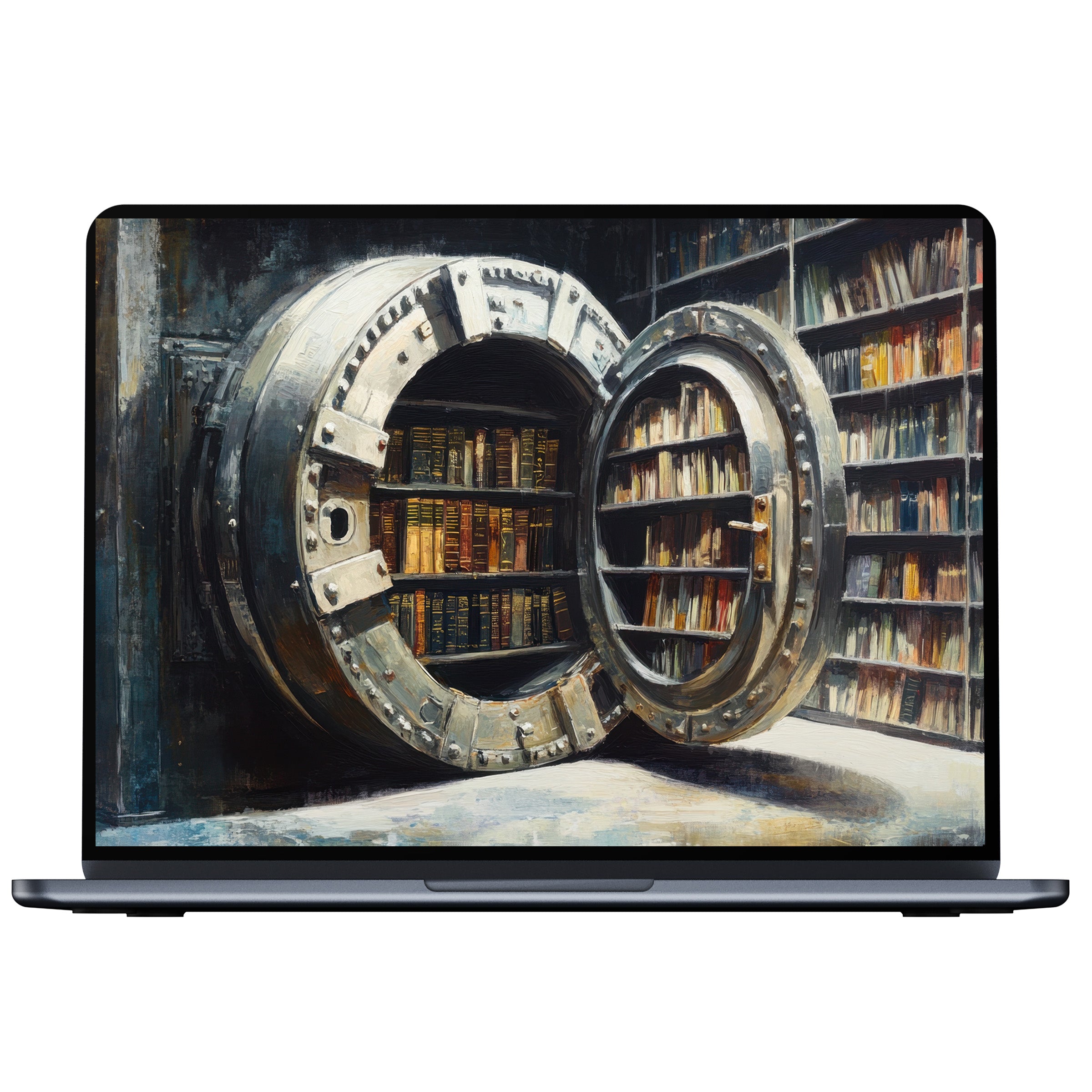 Street art desktop wallpaper digital download featuring a mystical vault library, ideal for serene PC, laptop, or Mac backgrounds