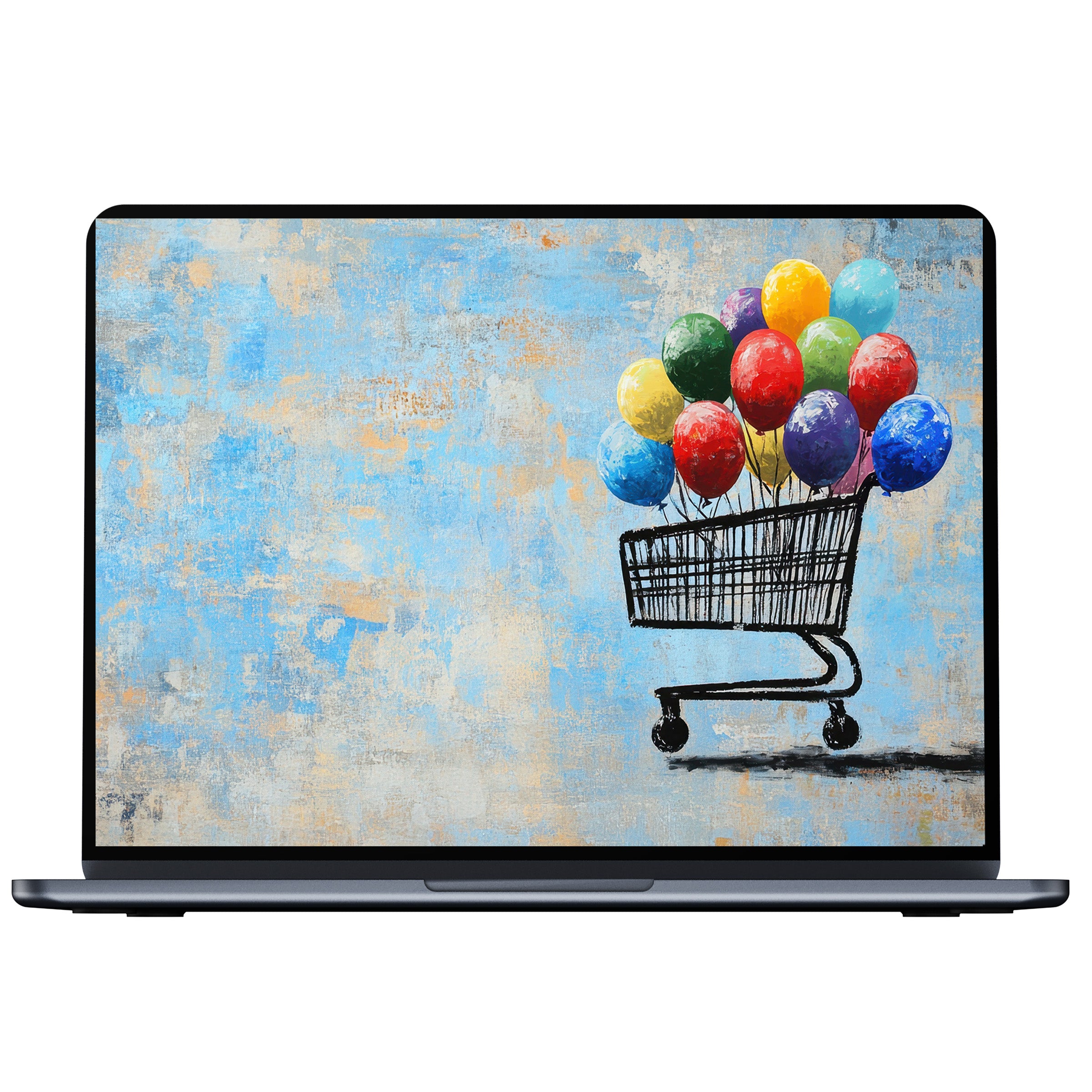 Vibrant street art desktop wallpaper features a cart of colorful balloons on a textured blue canvas digital download for PC and laptop