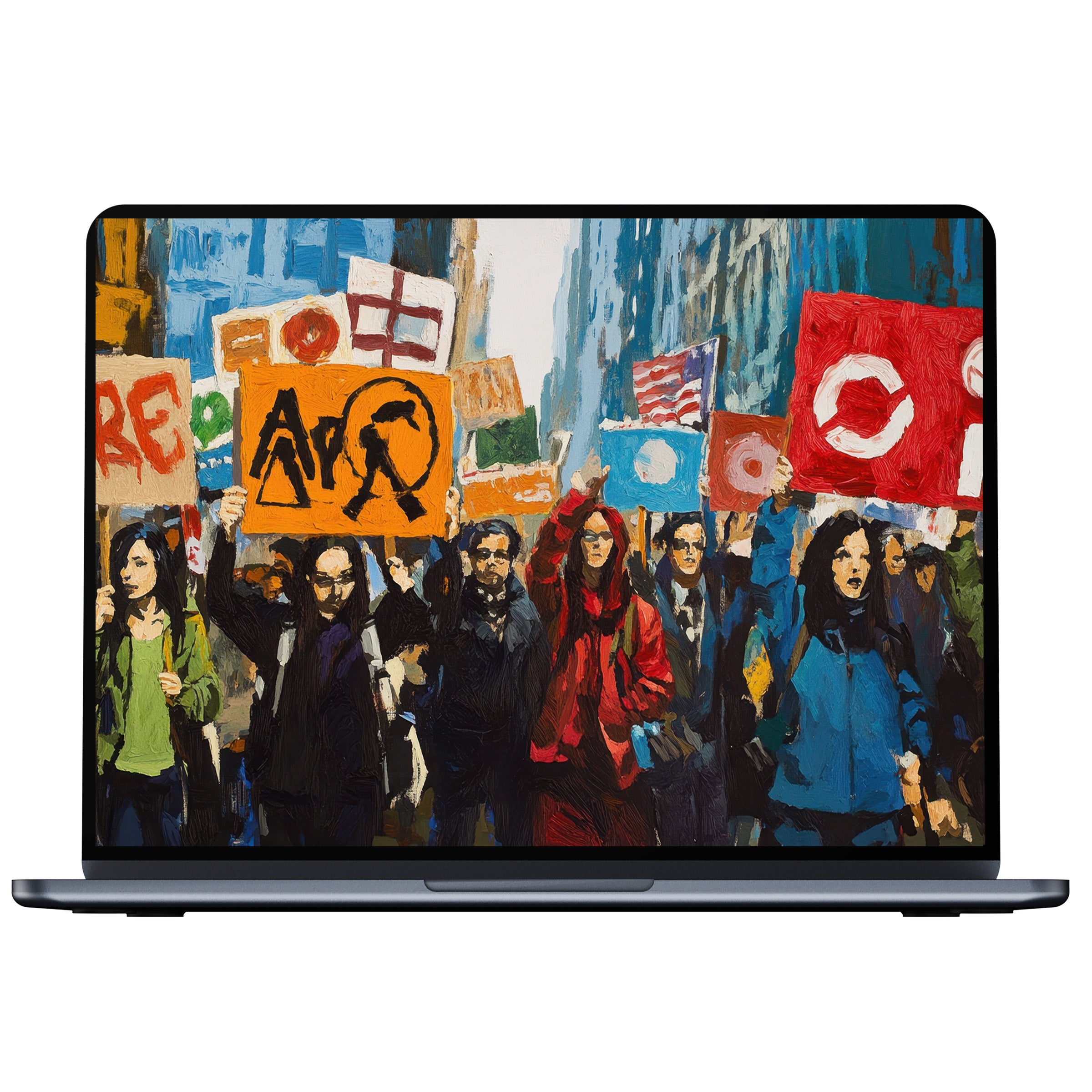 Colorful street art desktop wallpaper showcasing a vibrant protest scene for pc or laptop digital download inspiring creativity