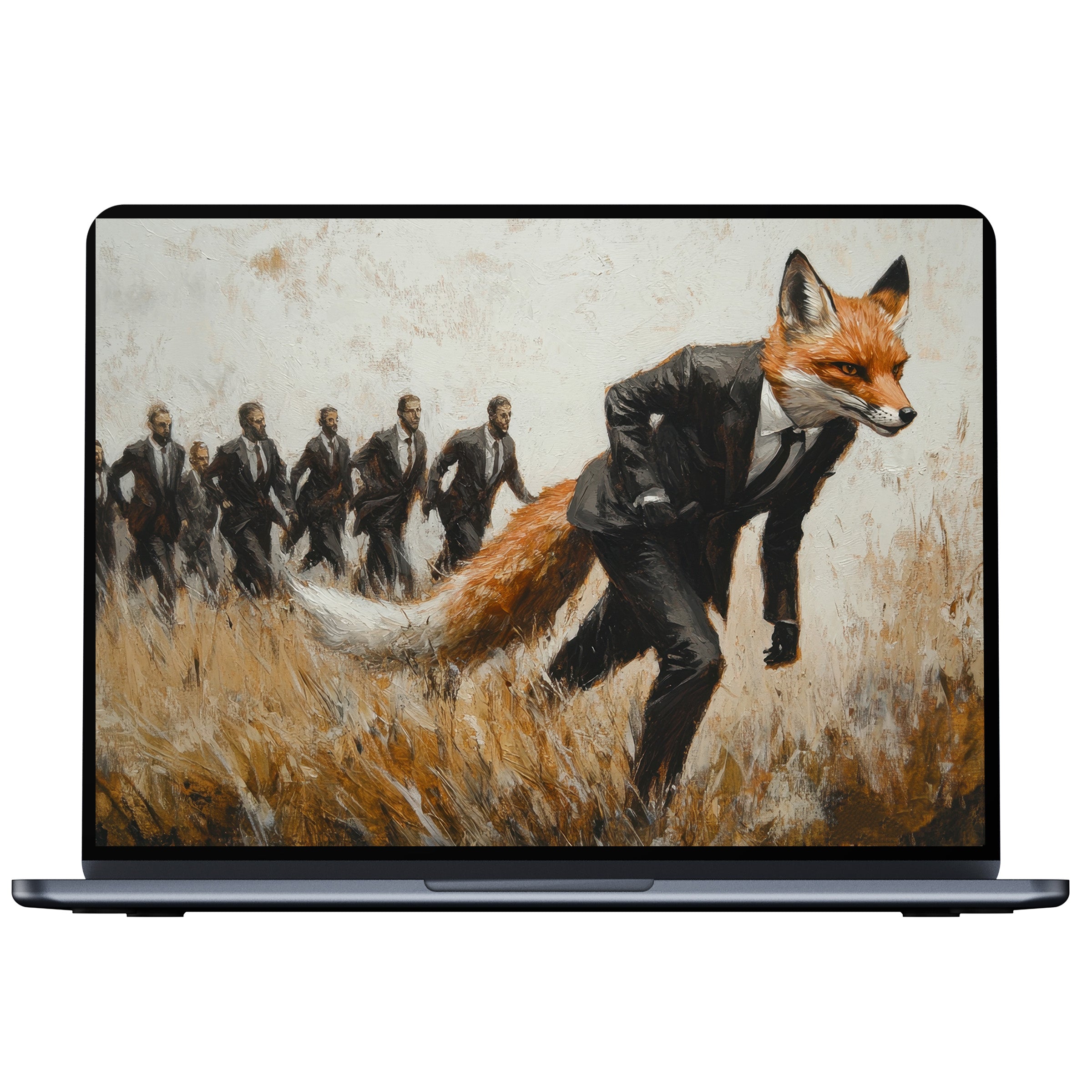 Street art desktop wallpaper featuring a fox-headed figure in a suit leading others through brushstrokes digital download for PC and laptop