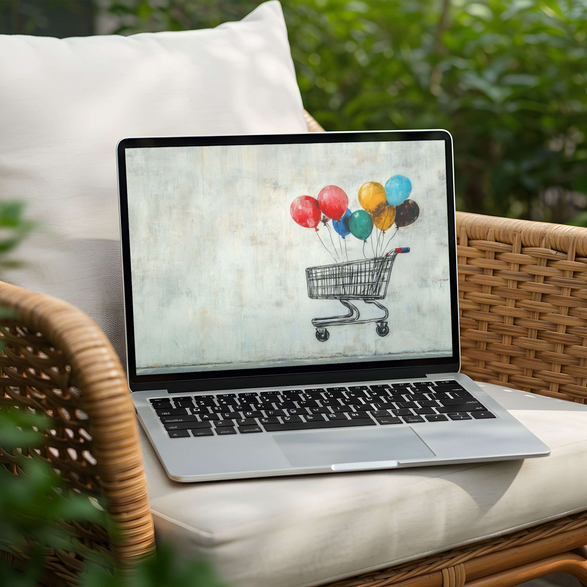 Colorful balloon shopping cart art for desktop background on PC or Laptop instant download for calm elegance and inspiration
