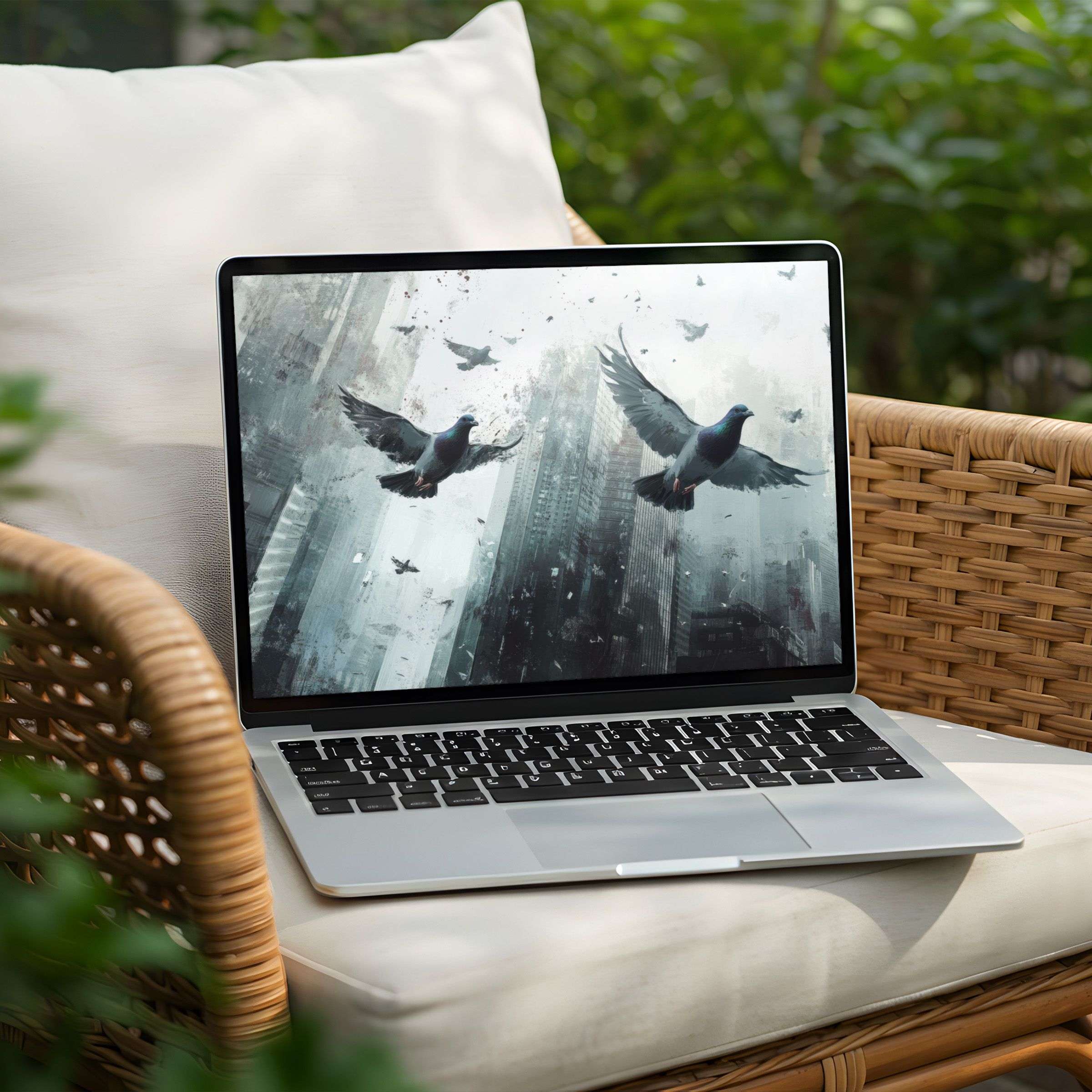 Elegant desktop background of soaring doves over a misty cityscape for PC or Laptop Instant download for calm inspiration