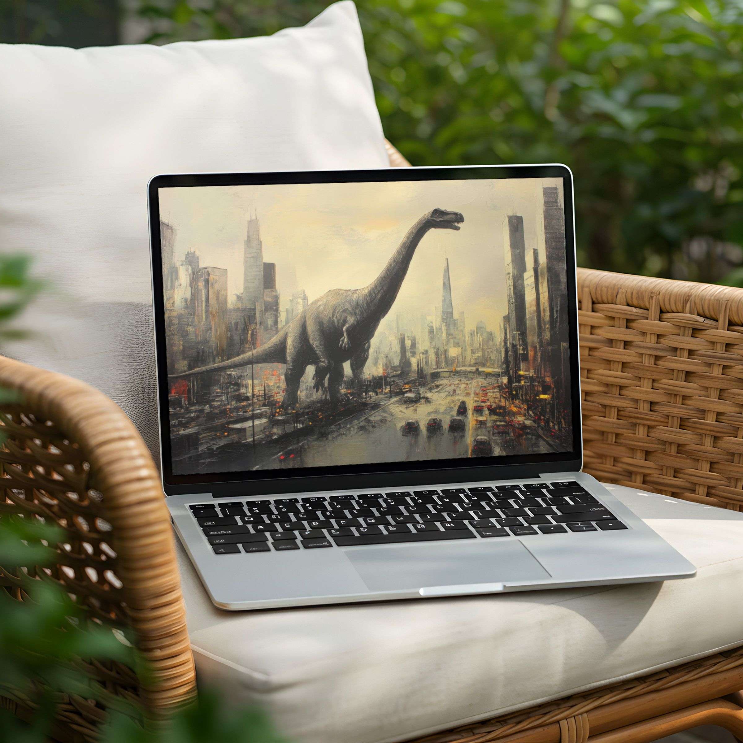 Elegant dinosaur cityscape desktop background for PC or Laptop, instant download for daily inspiration and calm refinement