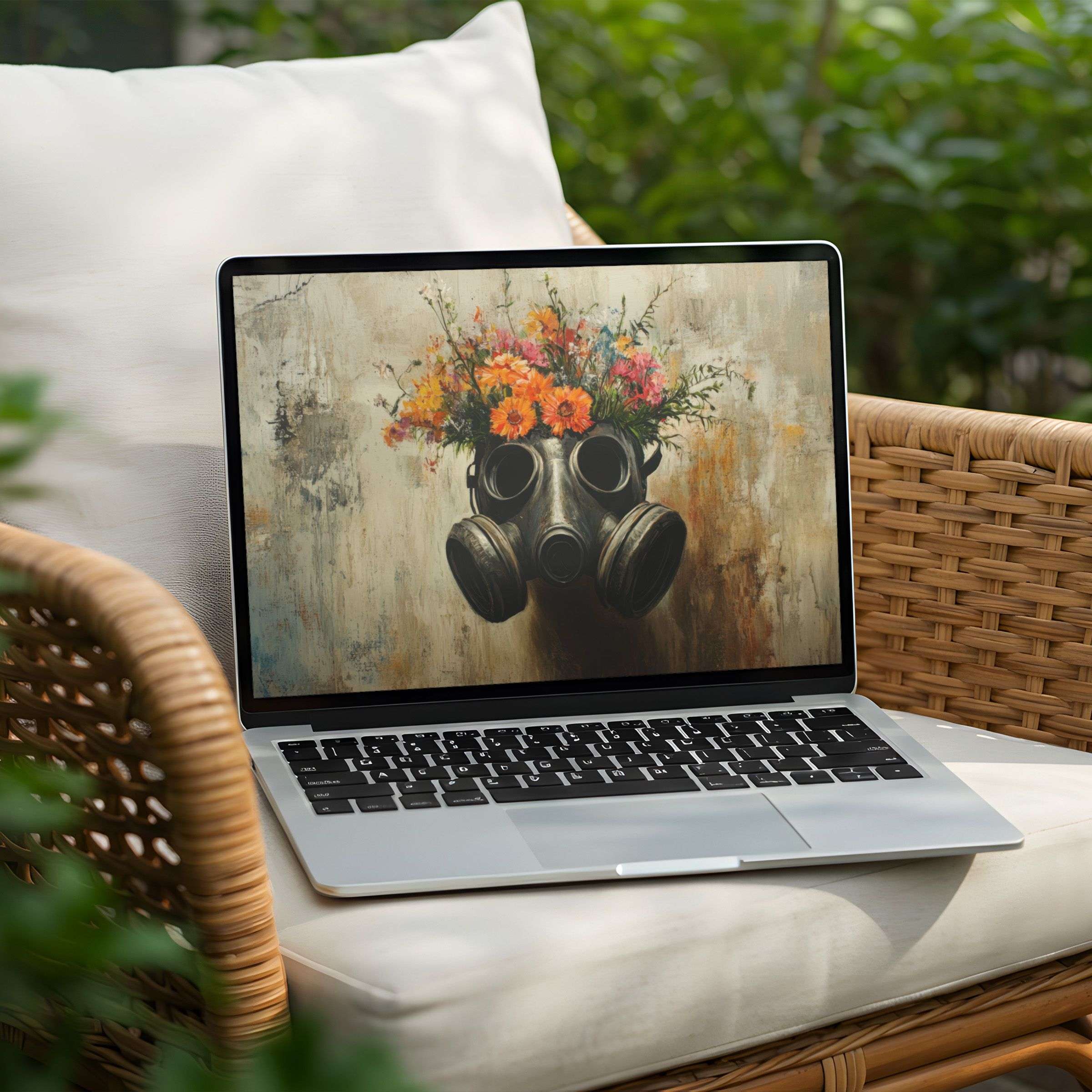 Elegant desktop background featuring a floral gas mask on a PC or Laptop screen inspiring calm and creativity via instant download