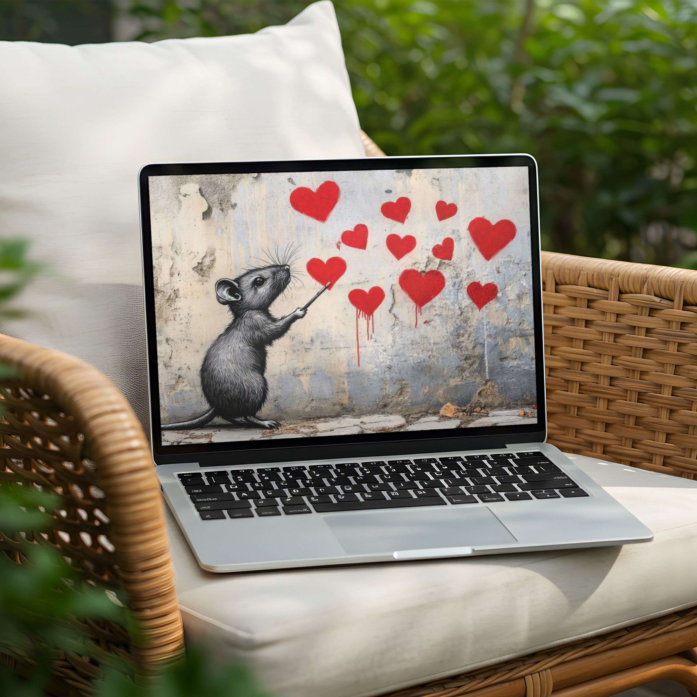 Inspire calm and elegance with this instant download desktop background for PC or laptop featuring artistic hearts and a playful mouse