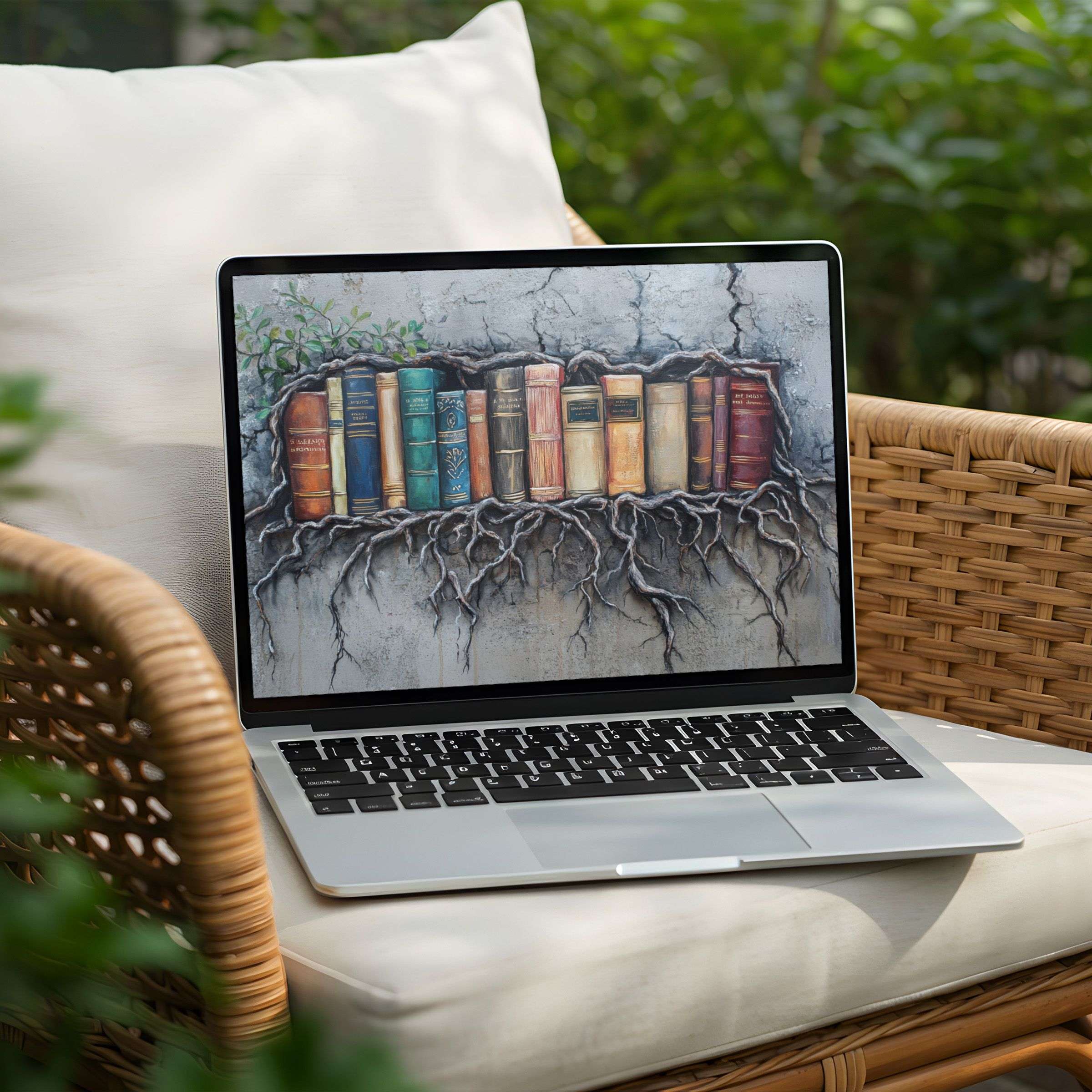 Instant download inspiring desktop background for PC or Laptop with books and roots, offering calm elegance and mindfulness