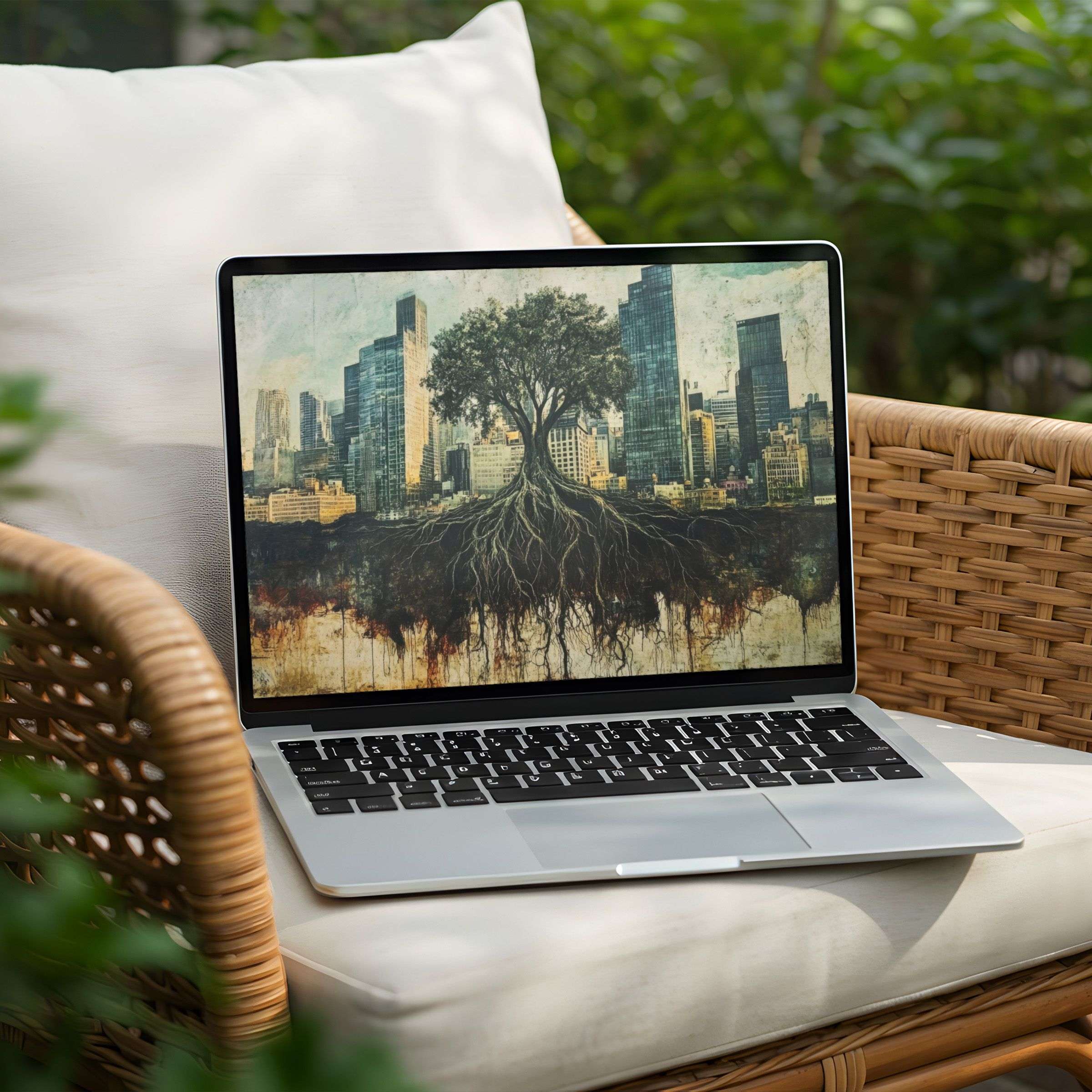 Elegant desktop background with a tree and cityscape for PC or laptop instant download; inspires calm and mindful design