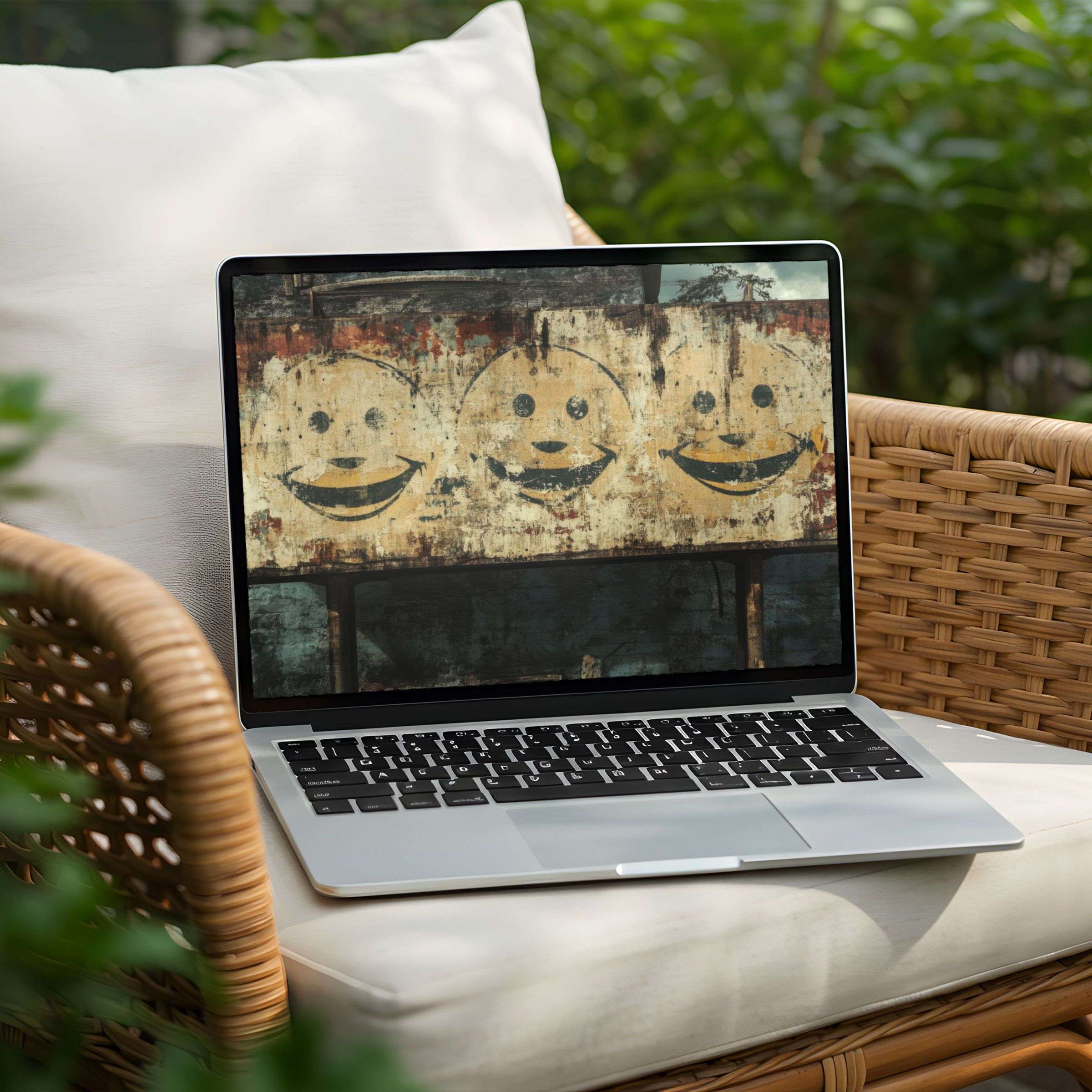 Rustic smiley art on a PC desktop background for instant download evokes calm elegance on your laptop display