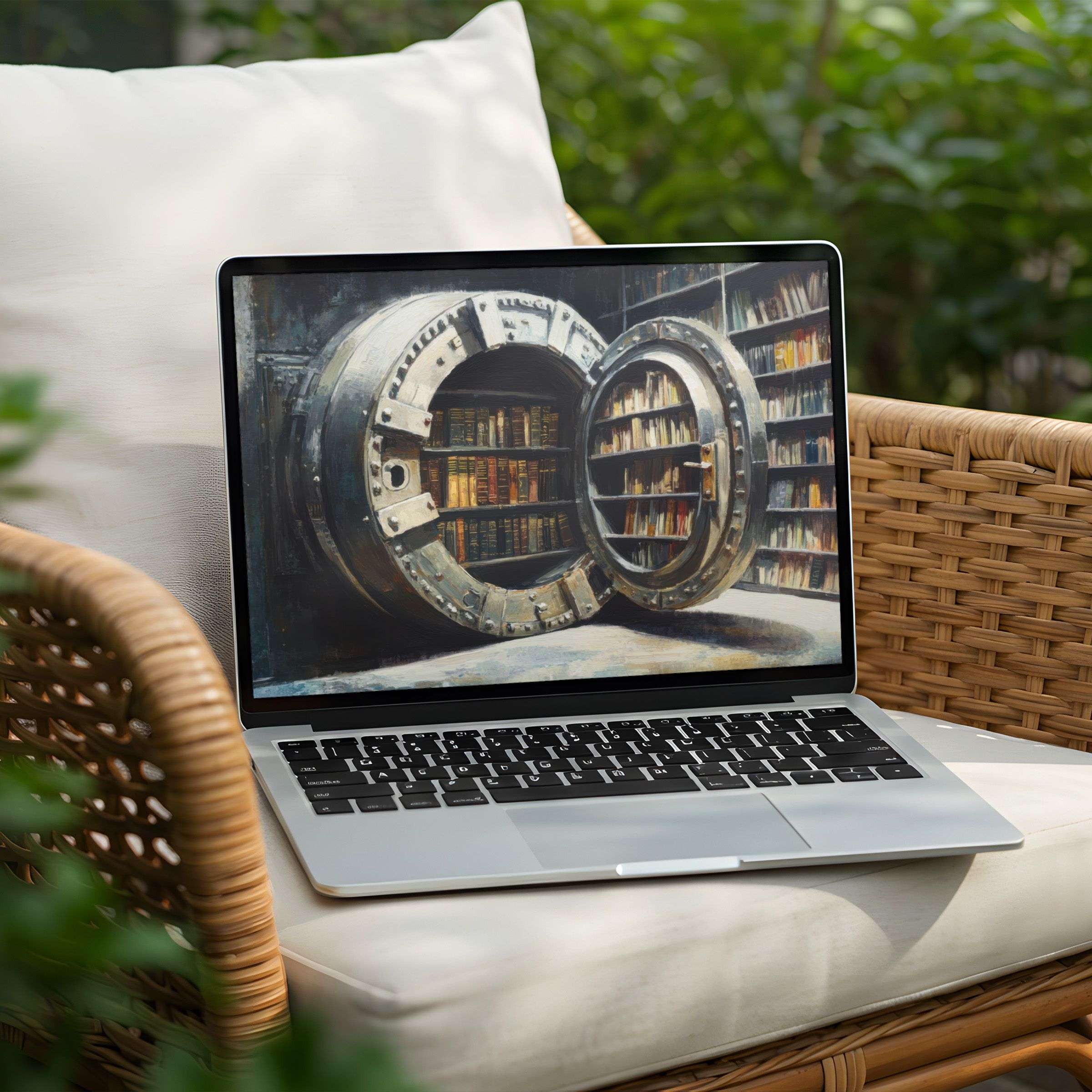 Elegant desktop background for PC or Laptop featuring a vintage vault library scene offering an instant download for inspiration