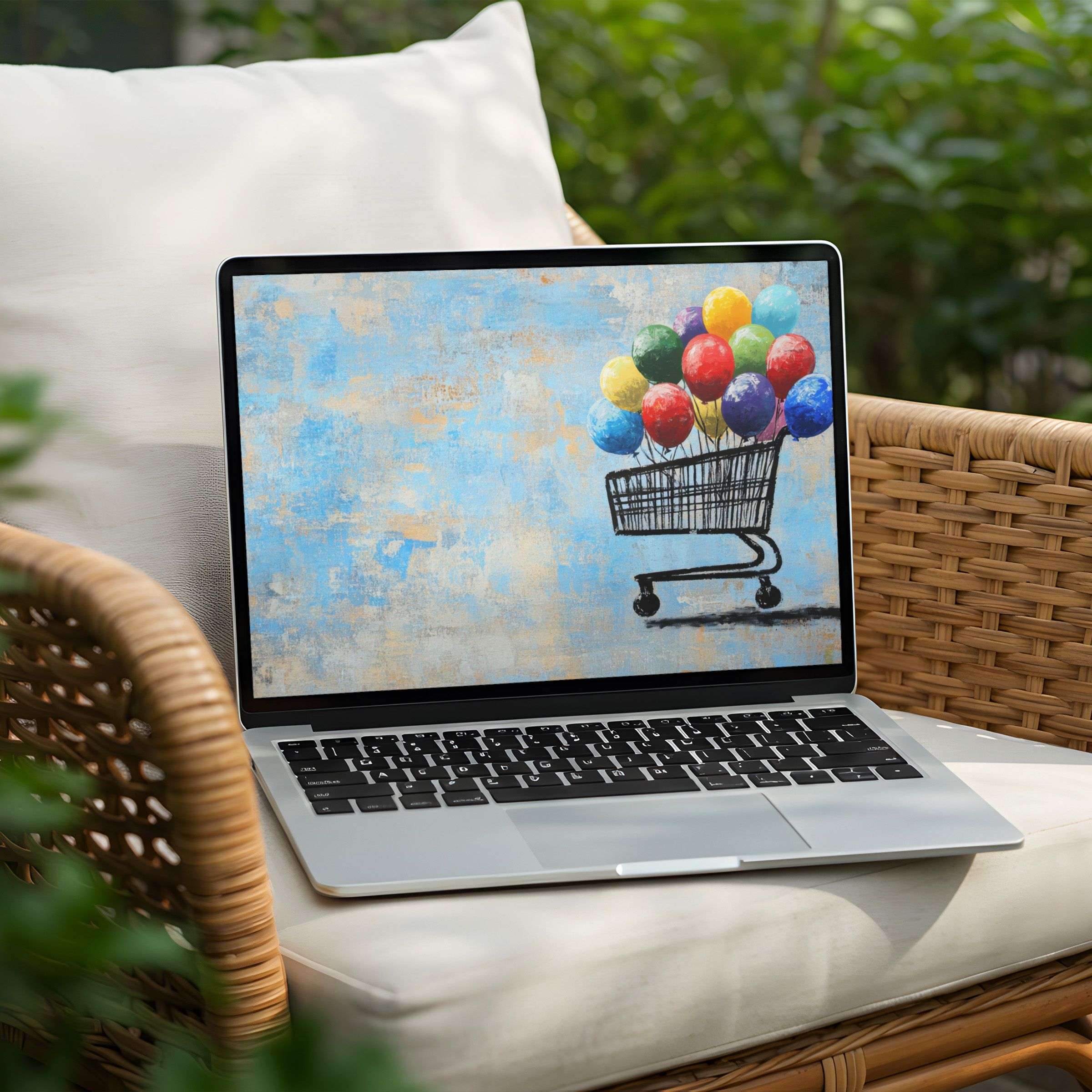 Vibrant desktop background art with balloons in a cart evokes calm and joy, perfect for PC or Laptop instant download