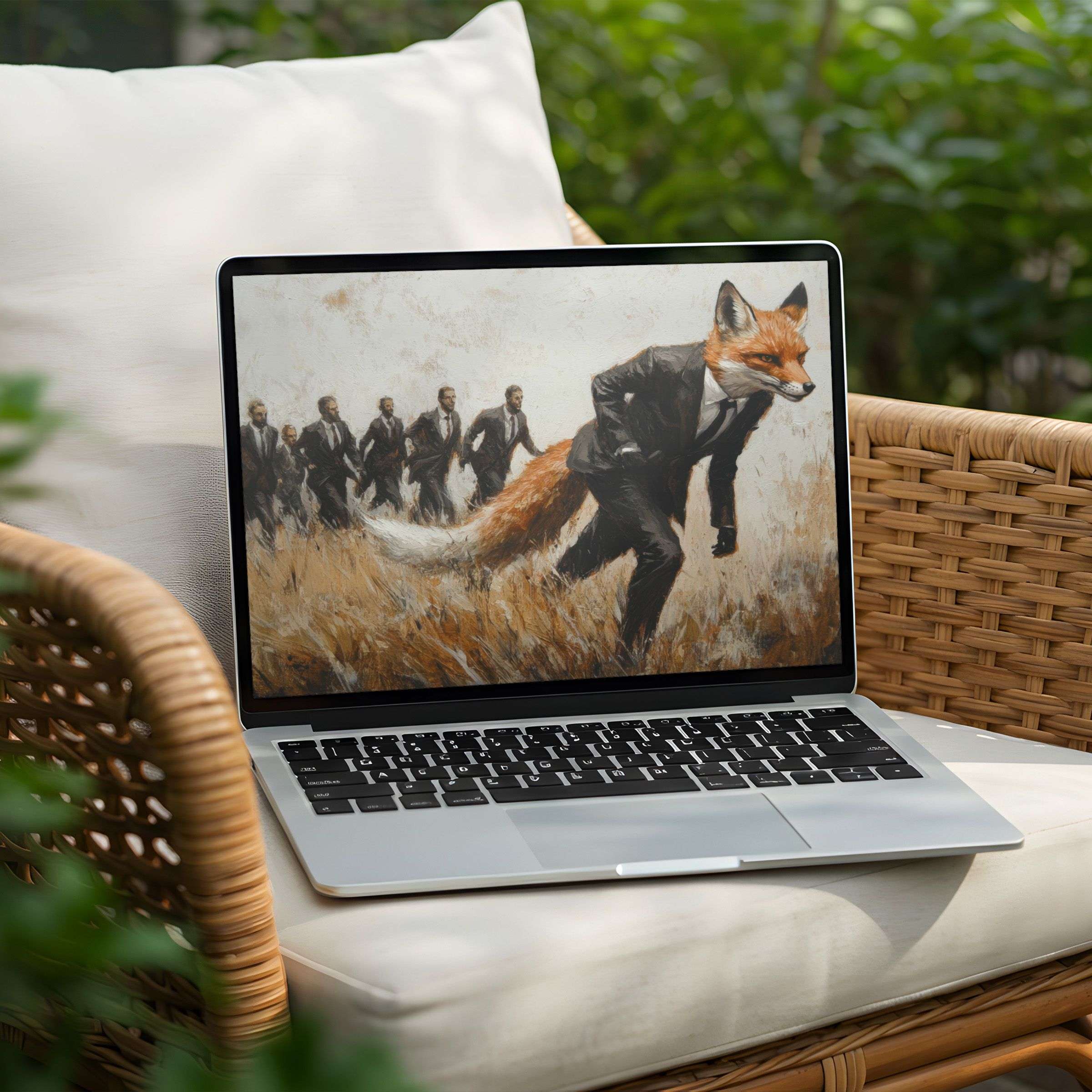 Inspiring desktop background for PC or Laptop, featuring a vibrant fox in a suit, available as an instant download for mindful elegance