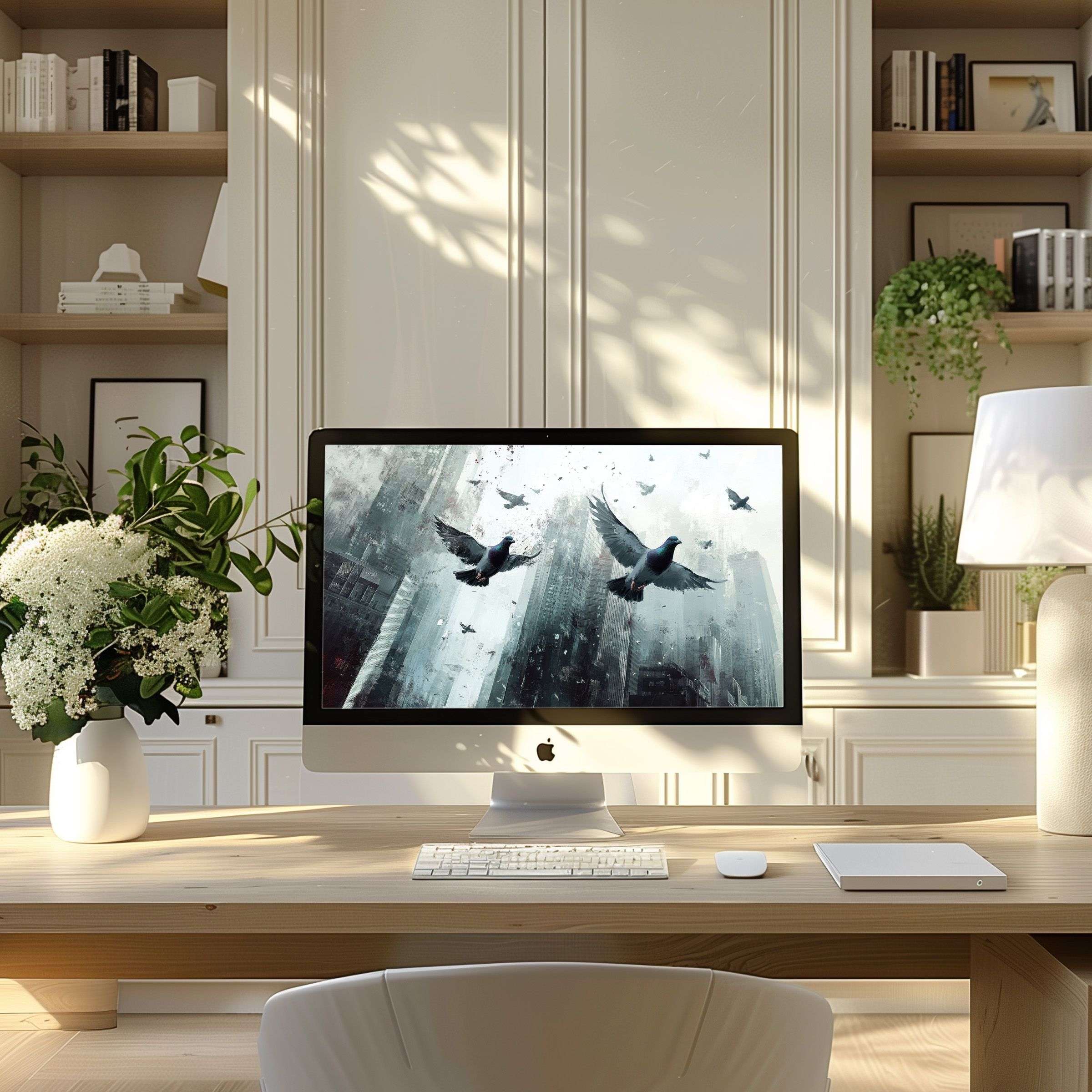 Modern home office featuring serene bird-themed art; inspirational wallpaper for computer, PC, laptop; download for calm elegance