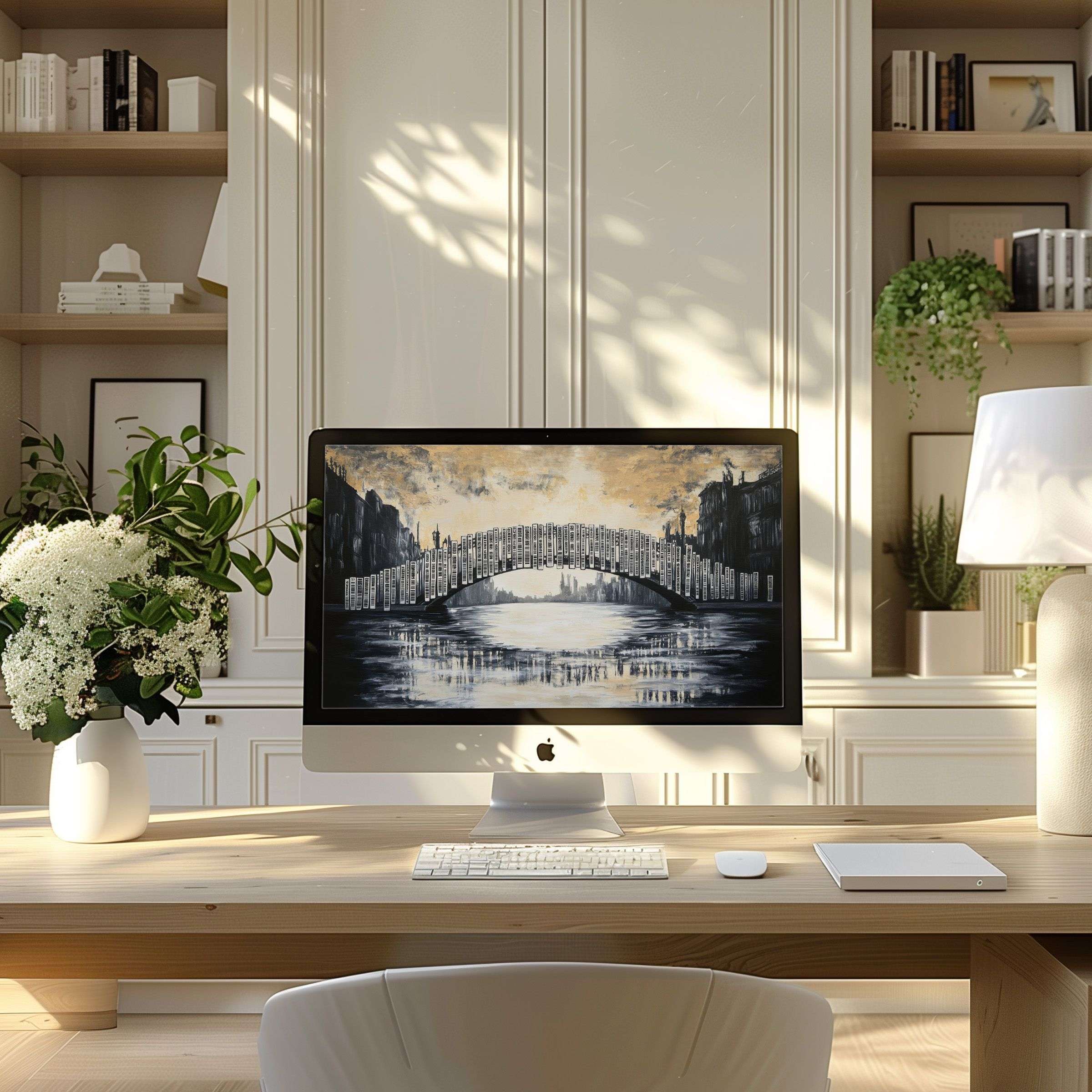 Serene cityscape artwork enhances a modern home office, perfect wallpaper for computer, PC, laptop offering elegance and calm