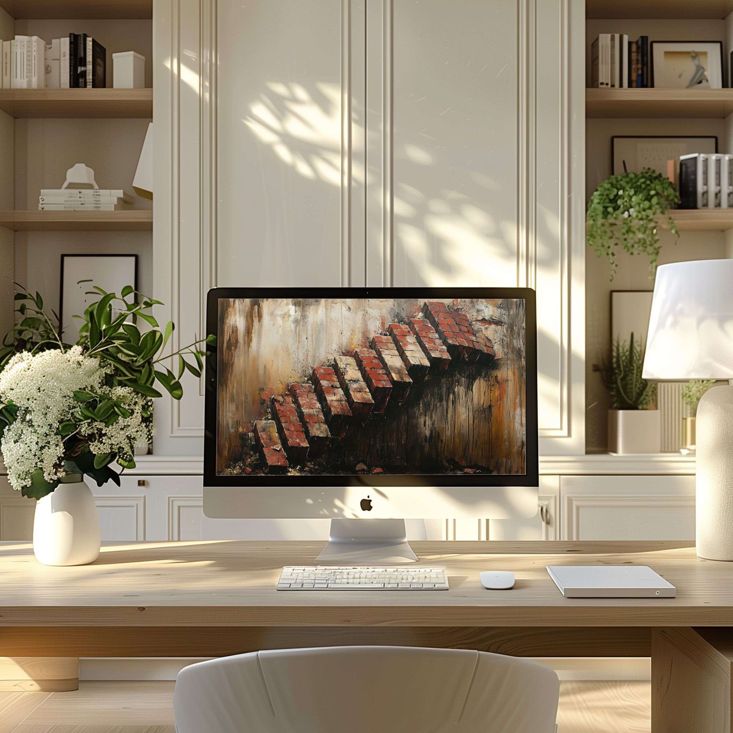 Inspiring modern home office with elegant digital art wallpaper for computer, enhancing calm and beauty on PC or Laptop screens