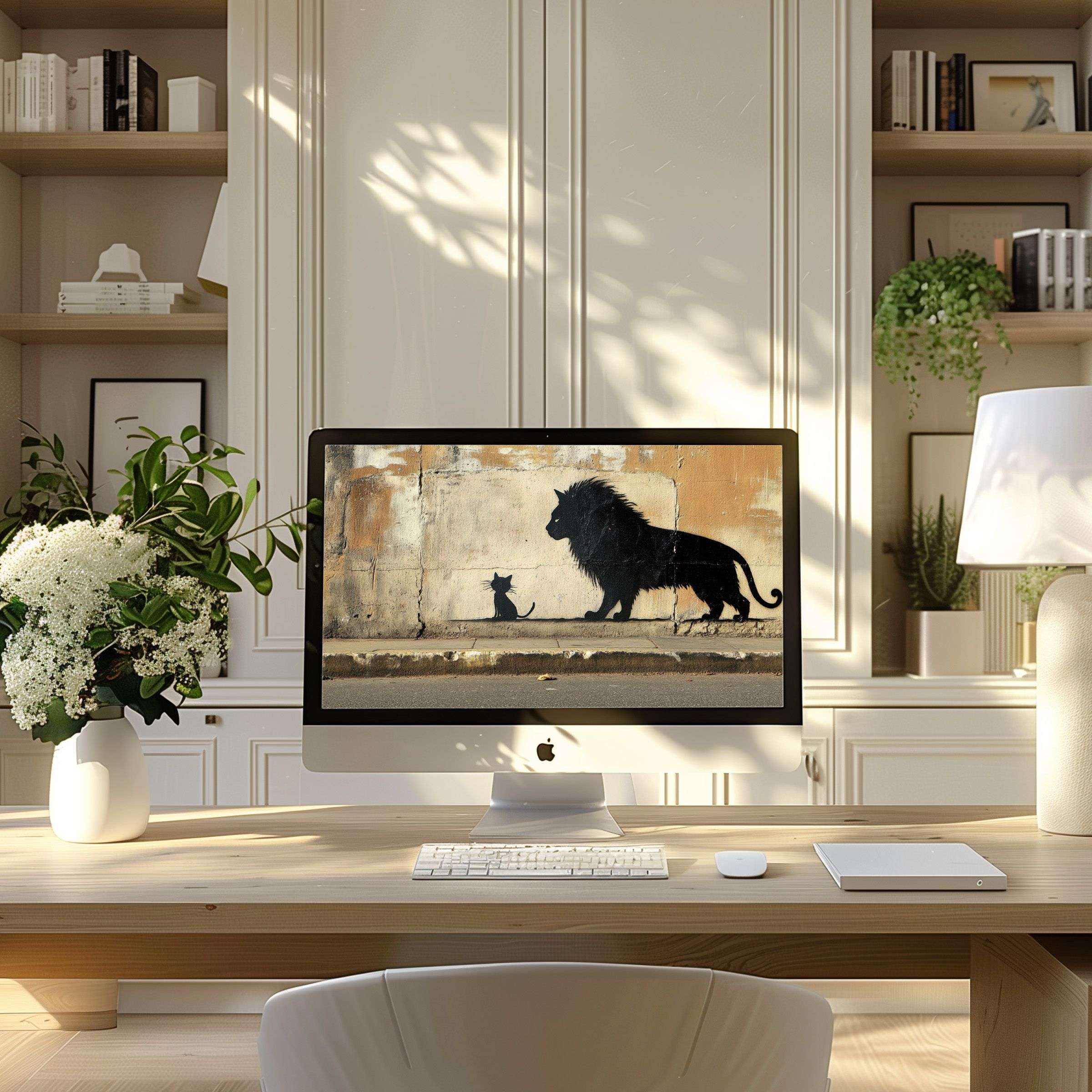 Elegant lion and cat mural wallpaper for computer brings calm inspiration to any PC or Laptop eco-friendly digital download