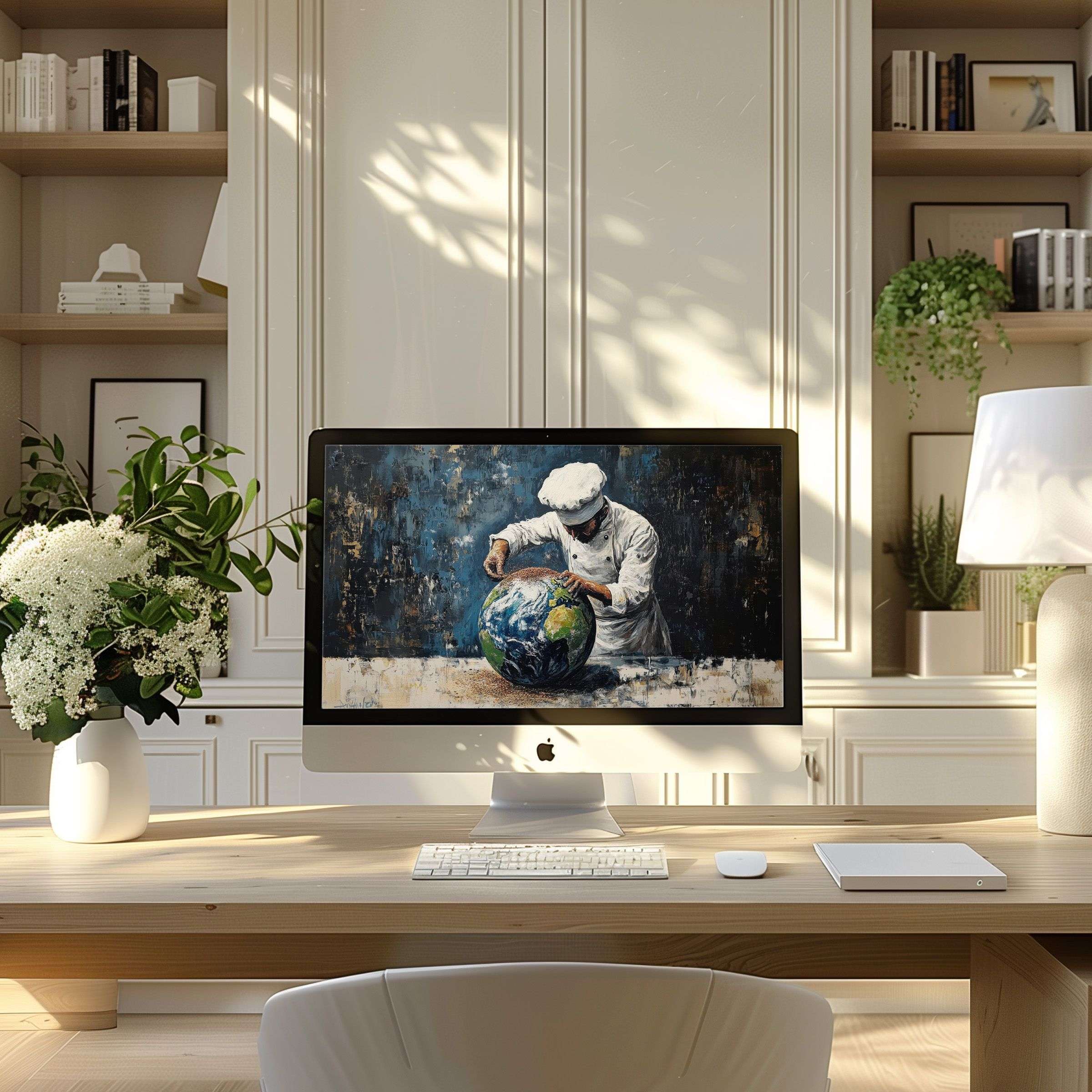 Inspire elegance with this artistic wallpaper for computer showcasing a chef creating a globe ideal for PC and laptop displays