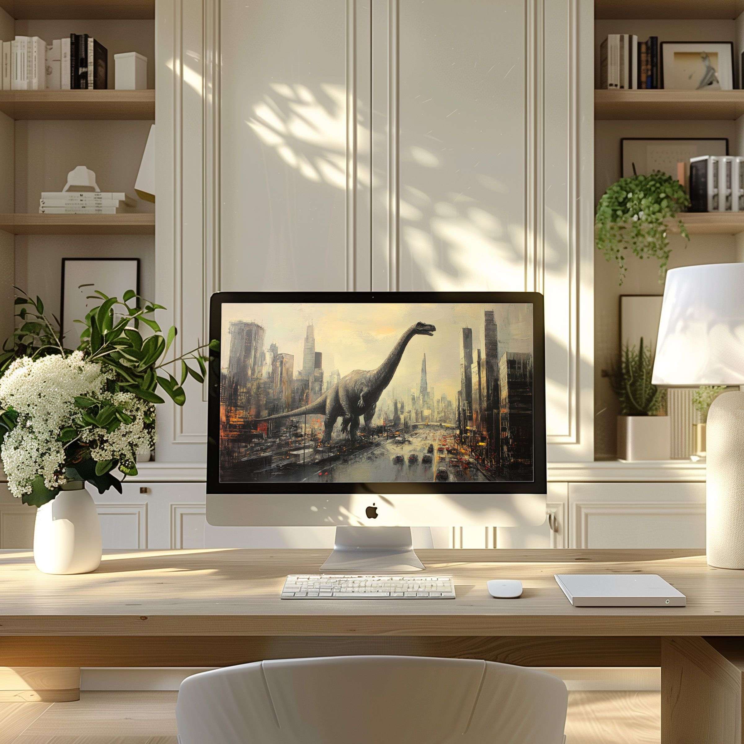 Elegant wallpaper for computer with a serene cityscape and dinosaur artwork, inspiring calm for PC and Laptop in modern home office