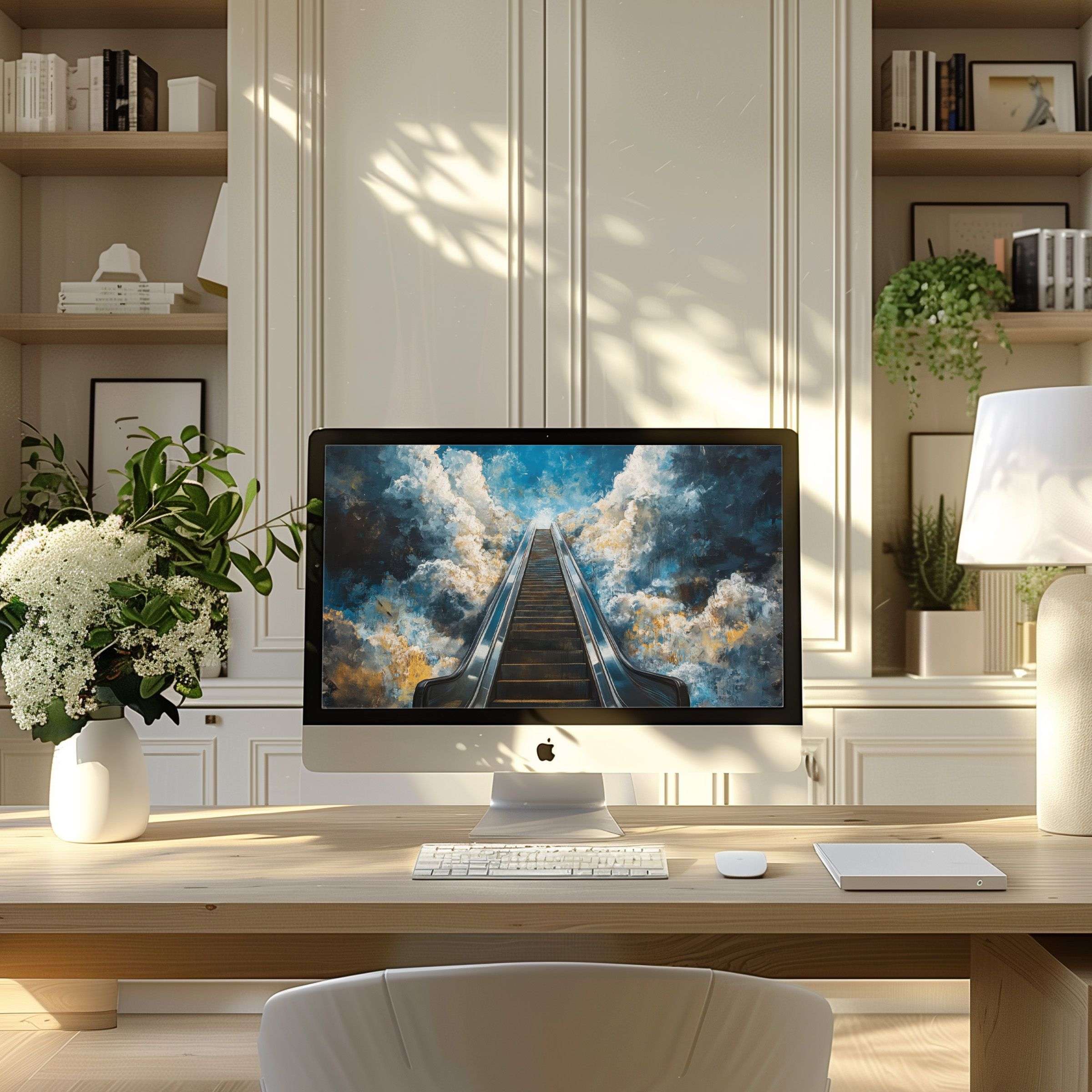 Inspire tranquility with this elegant blue sky and escalator artwork wallpaper for computer and laptop in a modern home office setting