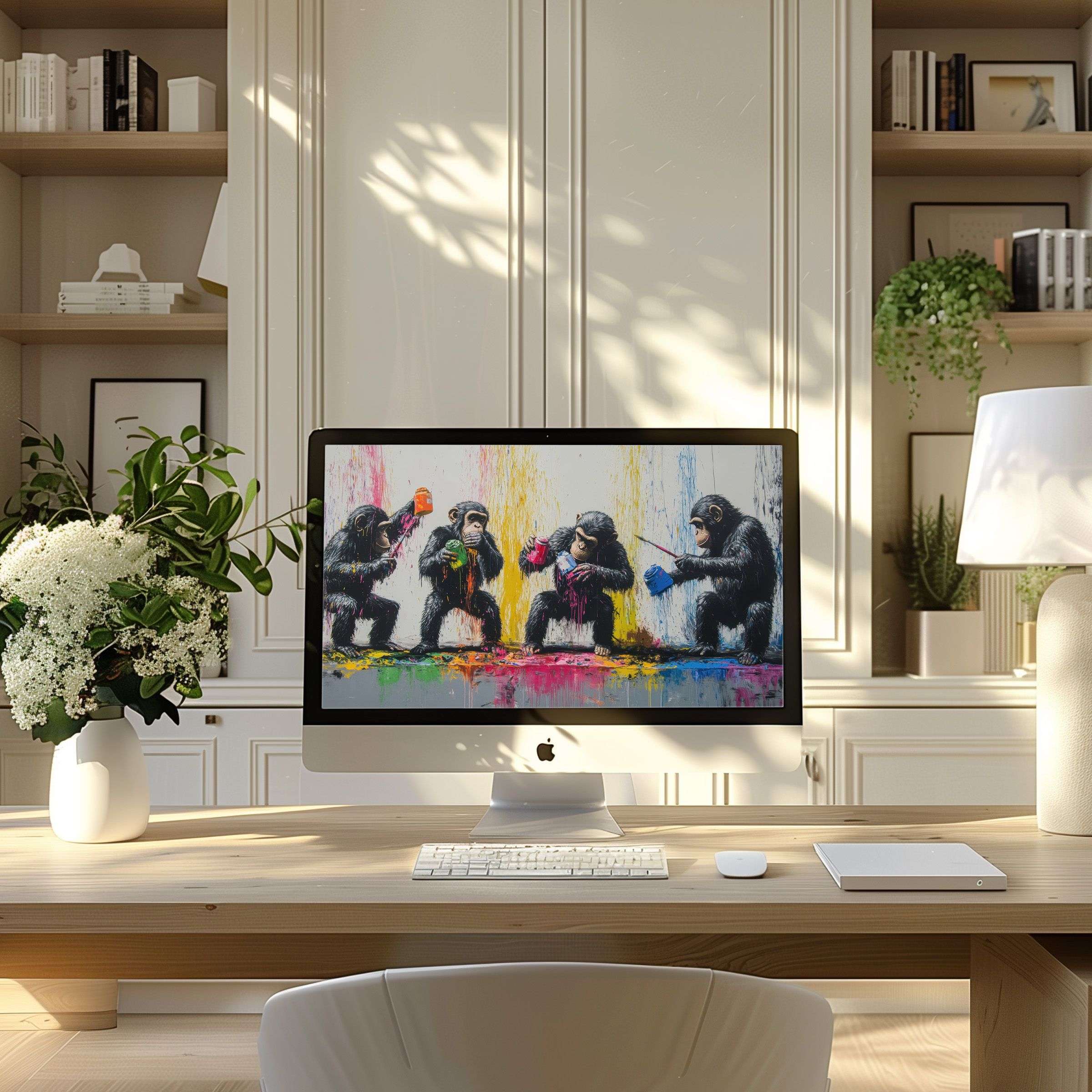 Elegant digital art with colorful chimpanzees adds calm inspiration to modern PC and laptop wallpaper for computer and home office