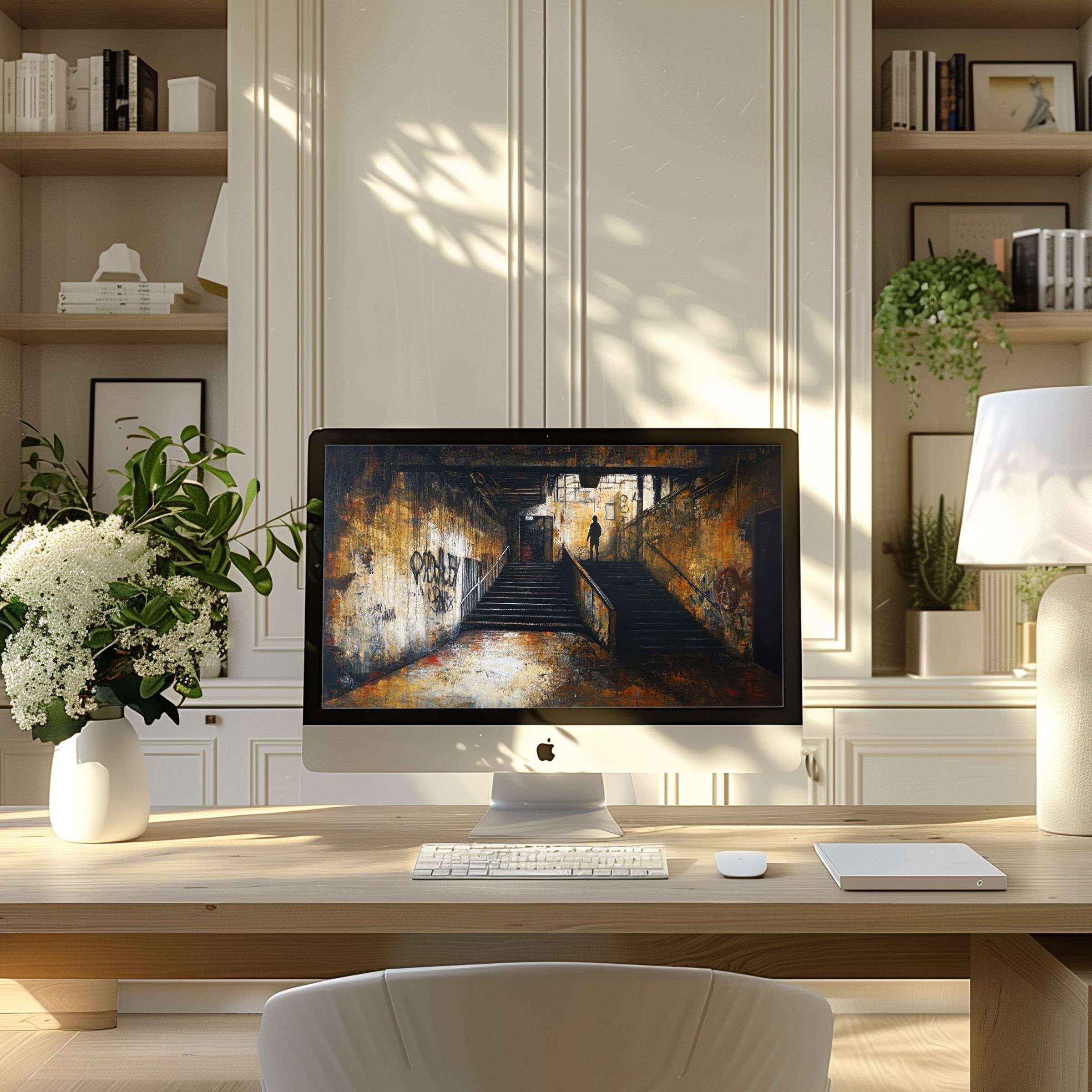 Inspire with urban art in your modern home office; perfect wallpaper for computer, PC, and laptop; serene elegance meets style
