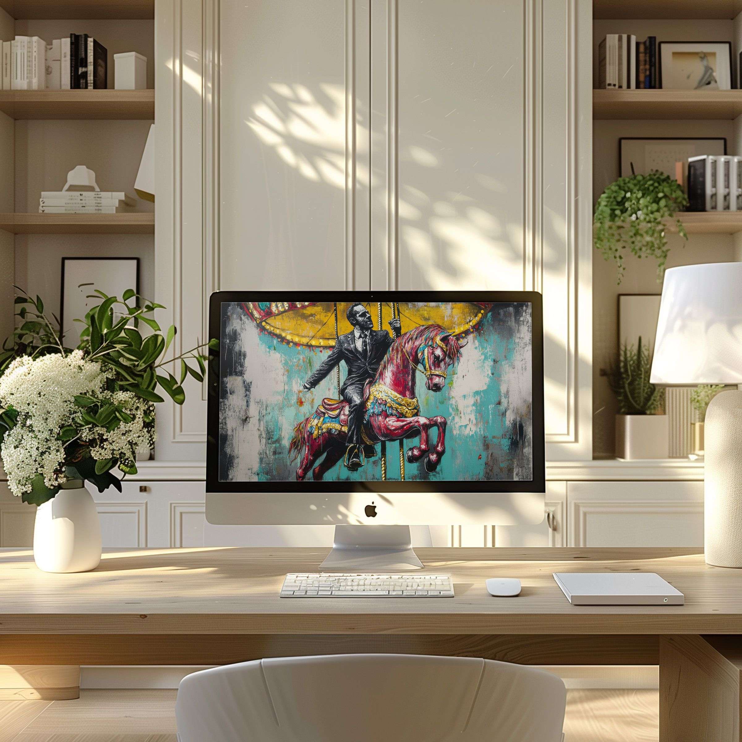 Elegant digital art wallpaper for computer and laptop featuring vibrant carousel horse adds inspiration to modern PC setup