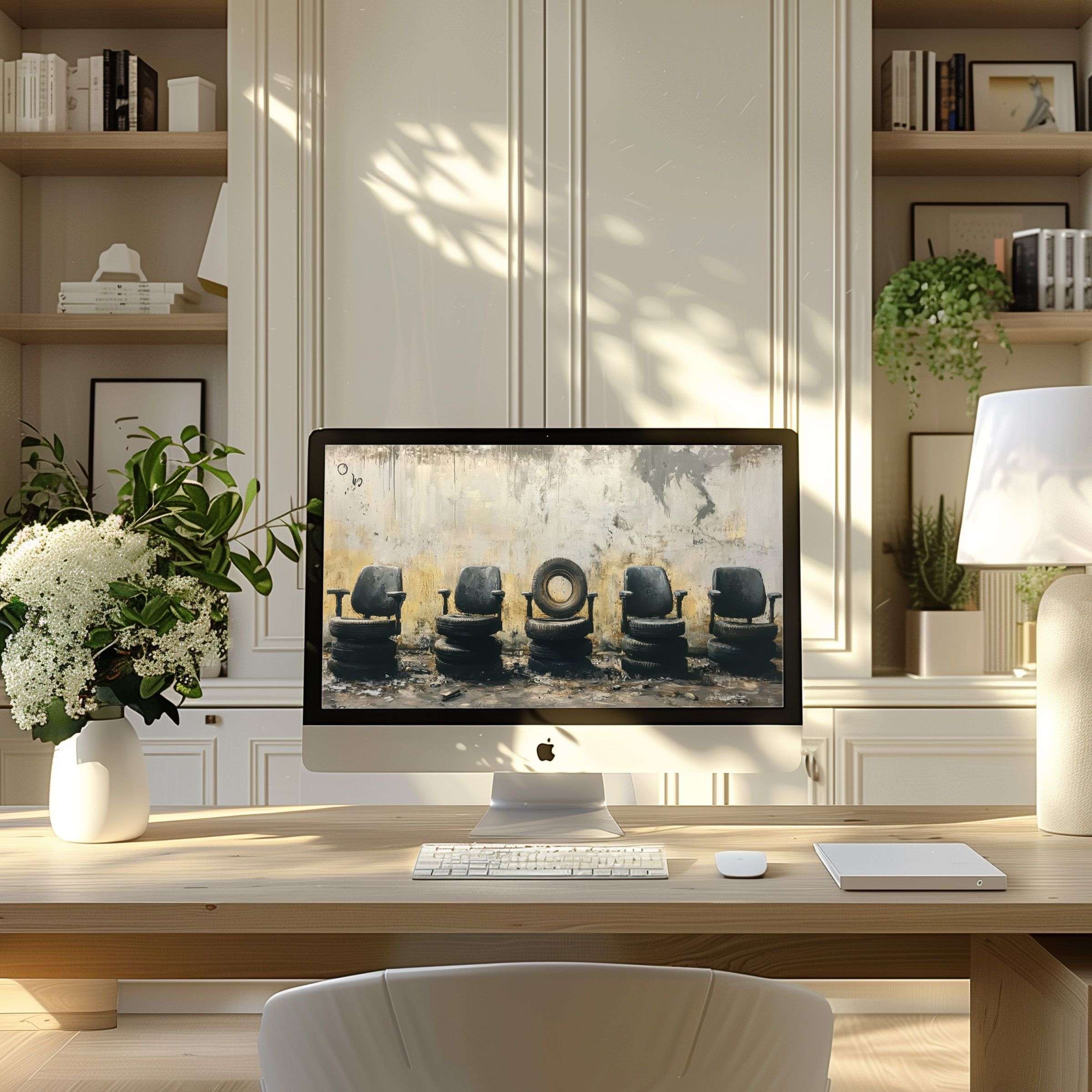 Elegant abstract artwork in soothing tones, perfect wallpaper for computer, PC, or laptop creating a calming home office vibe