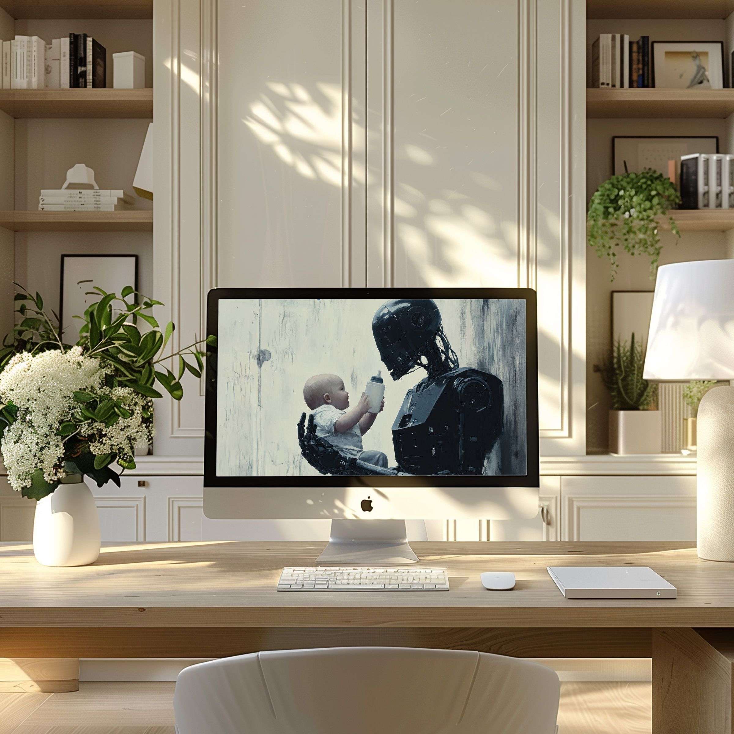 Calming digital art wallpaper for computer, PC, and laptop enhances modern home office elegance with inspiring motifs and serene ambiance