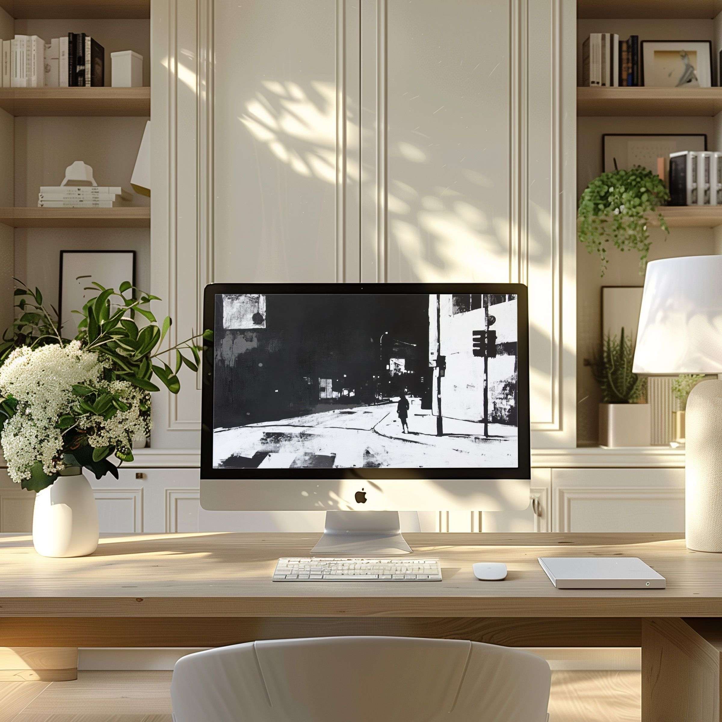 Modern monochrome digital art wallpaper for computer in elegant home office setup inspires calm and fits PC, Laptop screens