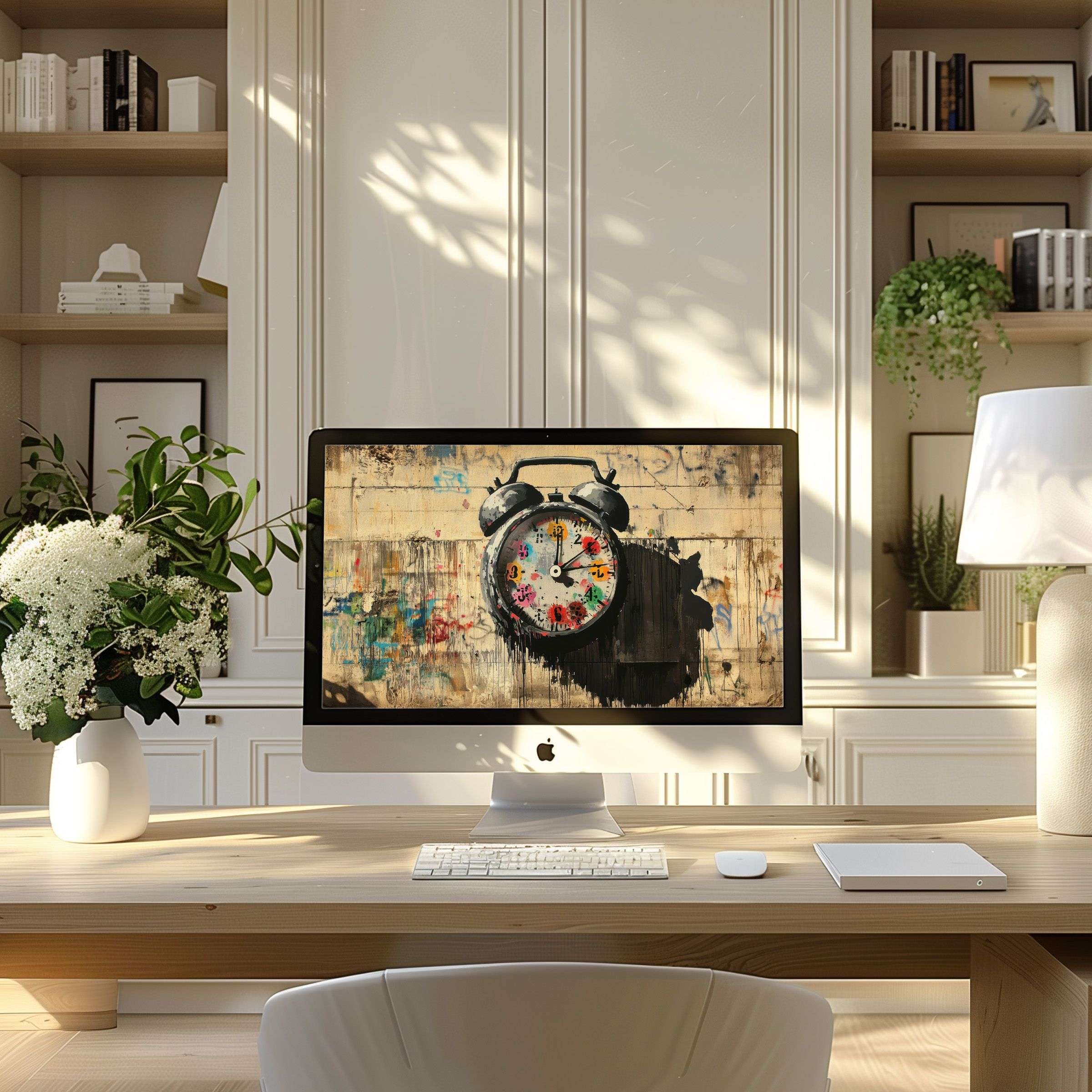 Elegant digital art of a colorful clock offers inspiration in a modern home office, ideal wallpaper for computer, PC, laptop download