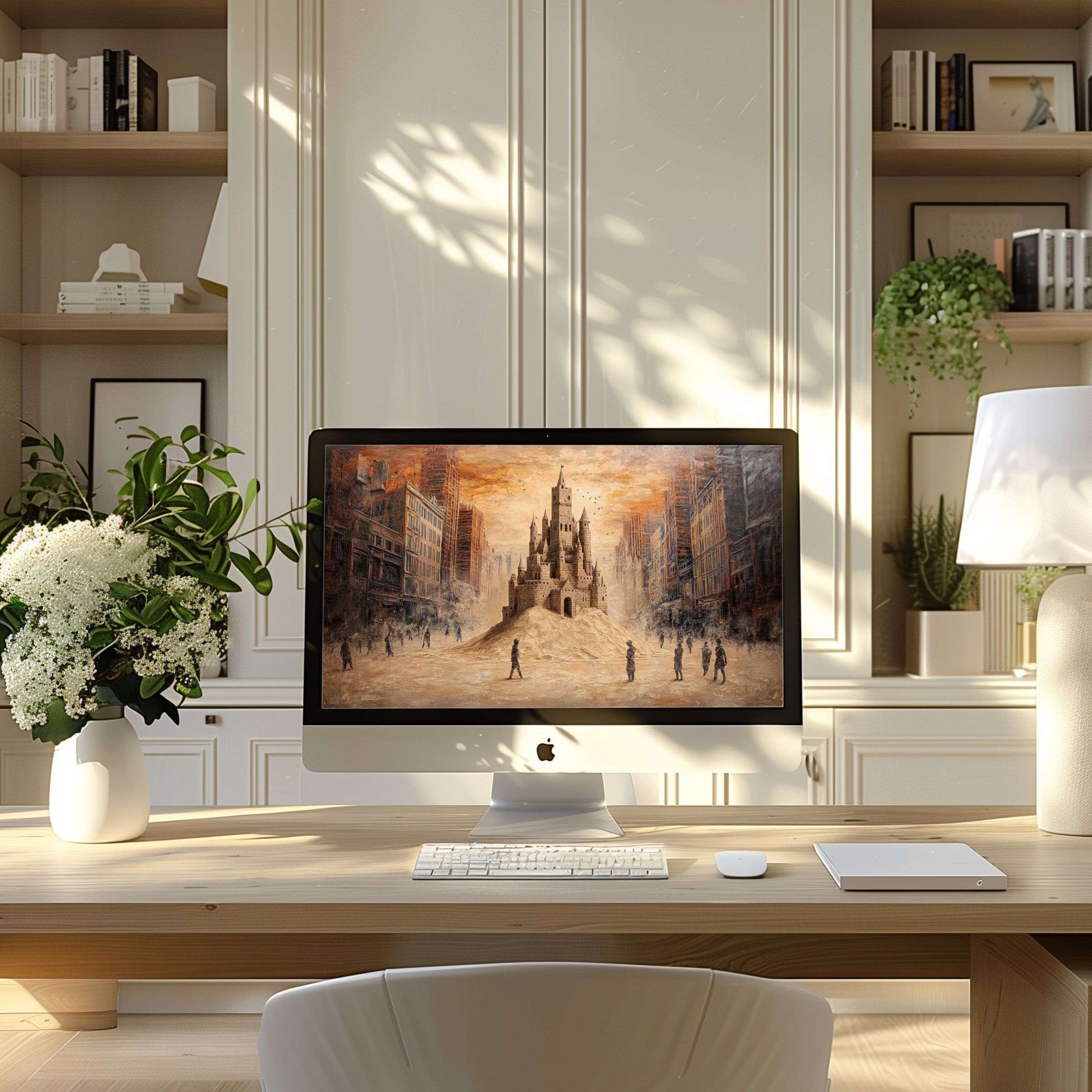 Elegant cityscape digital art wallpaper for computer brings calm inspiration to modern PC and laptop home offices