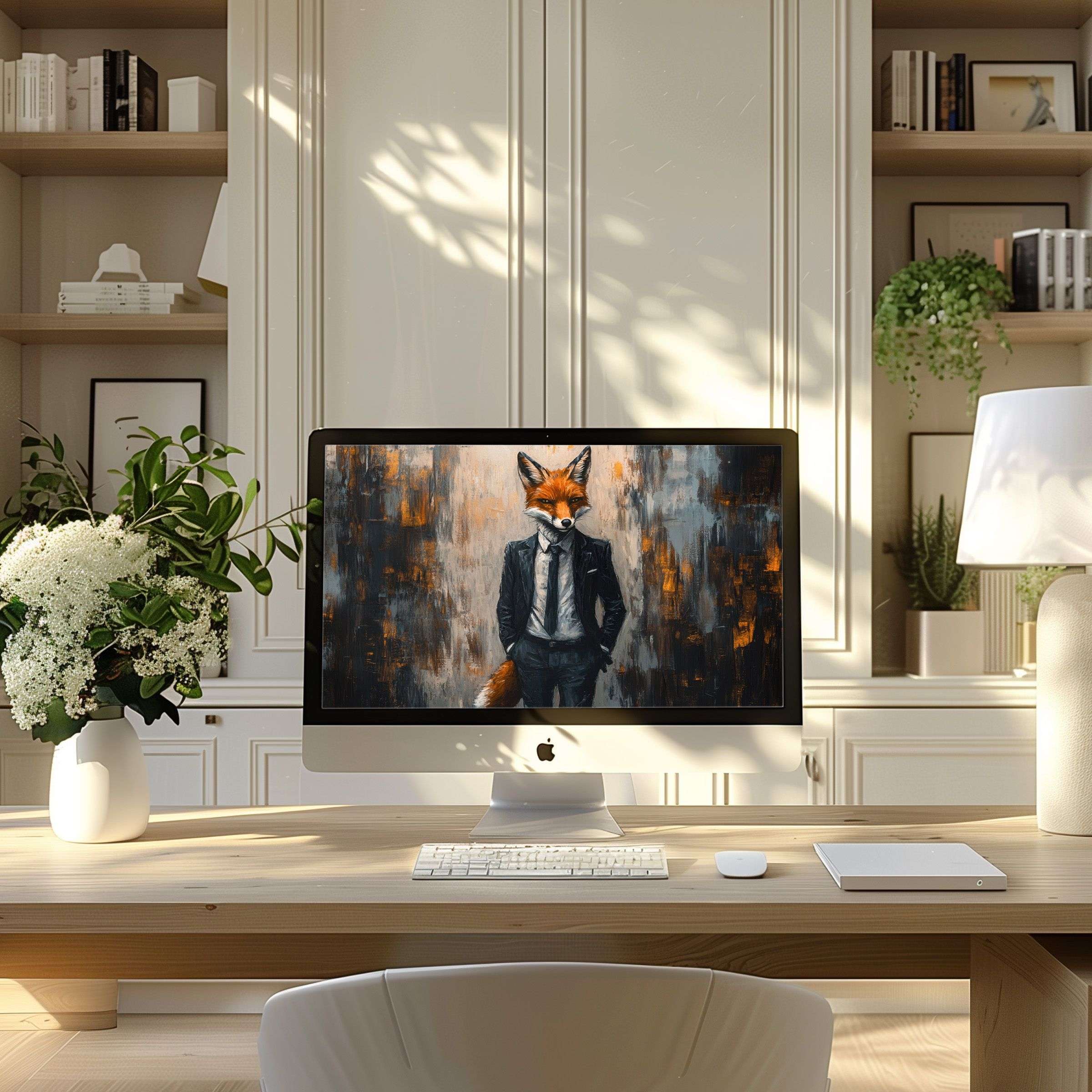 Elegant fox in suit digital art: perfect wallpaper for computer, PC, or Laptop, inspiring calm in a modern home office setting
