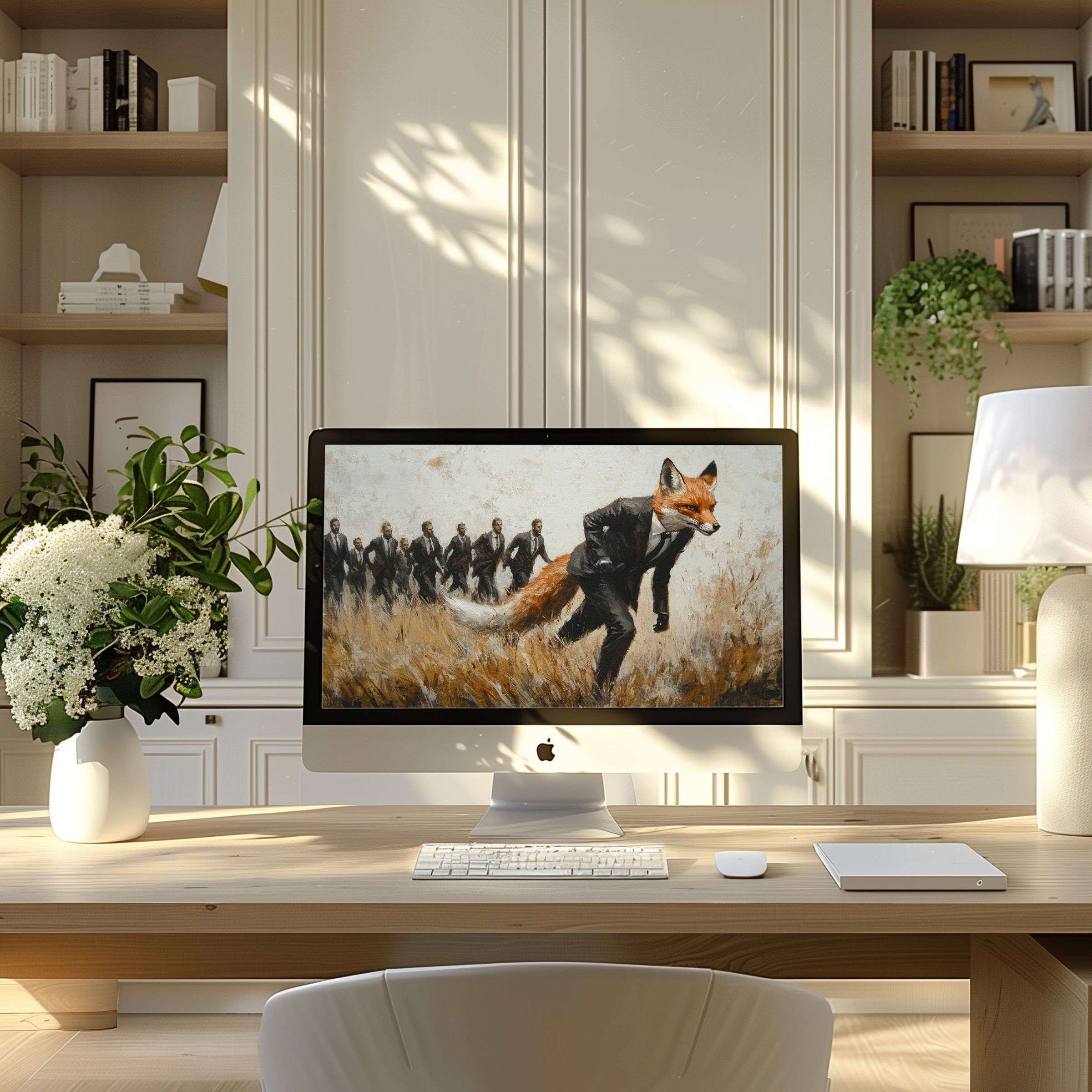 Elegant fox in suit art inspires calm and sophistication on PC, Laptop wallpaper for computer modern office digital download