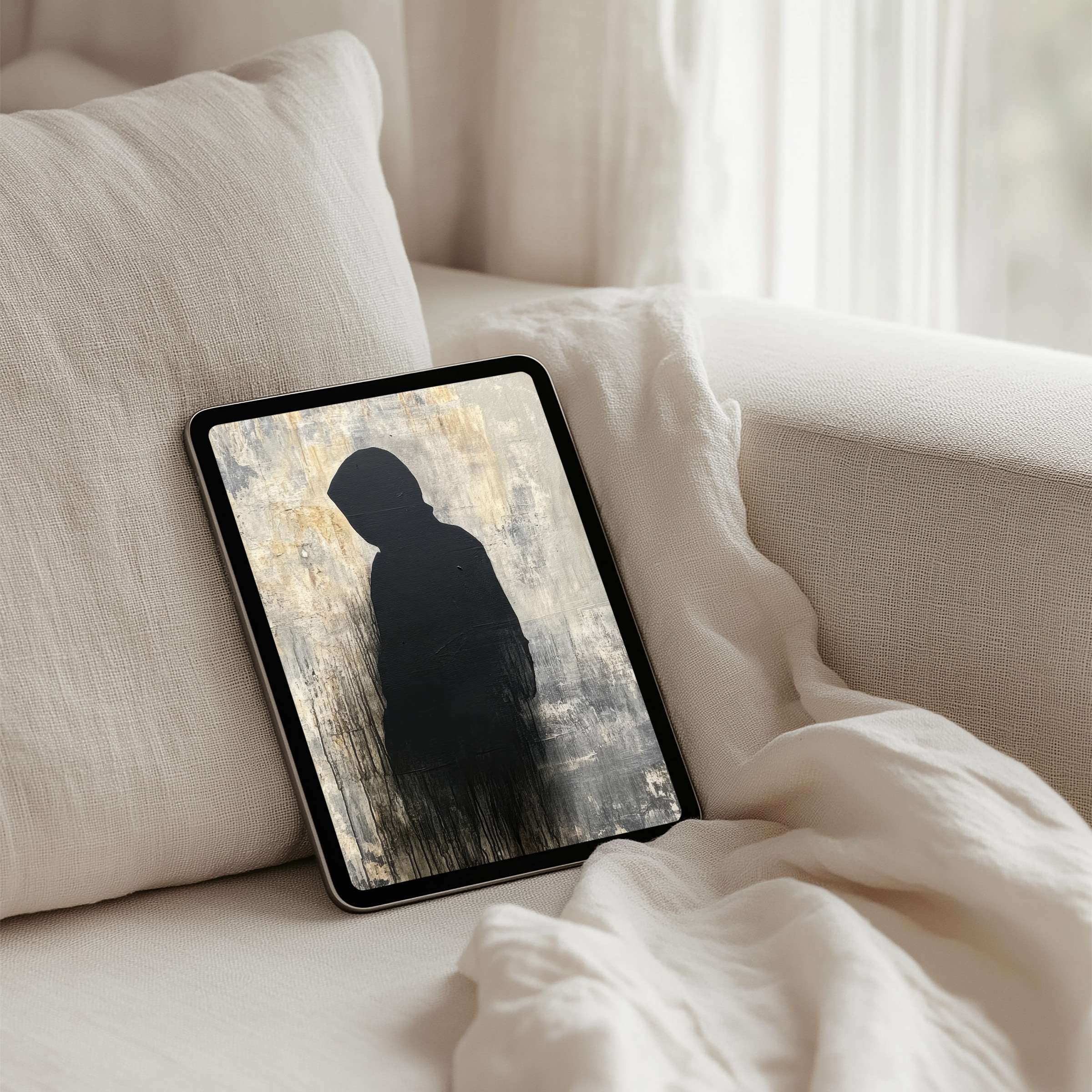Elegant abstract iPad background in soft neutrals and deep silhouettes for tablets, offering instant download to inspire calm mindfulness