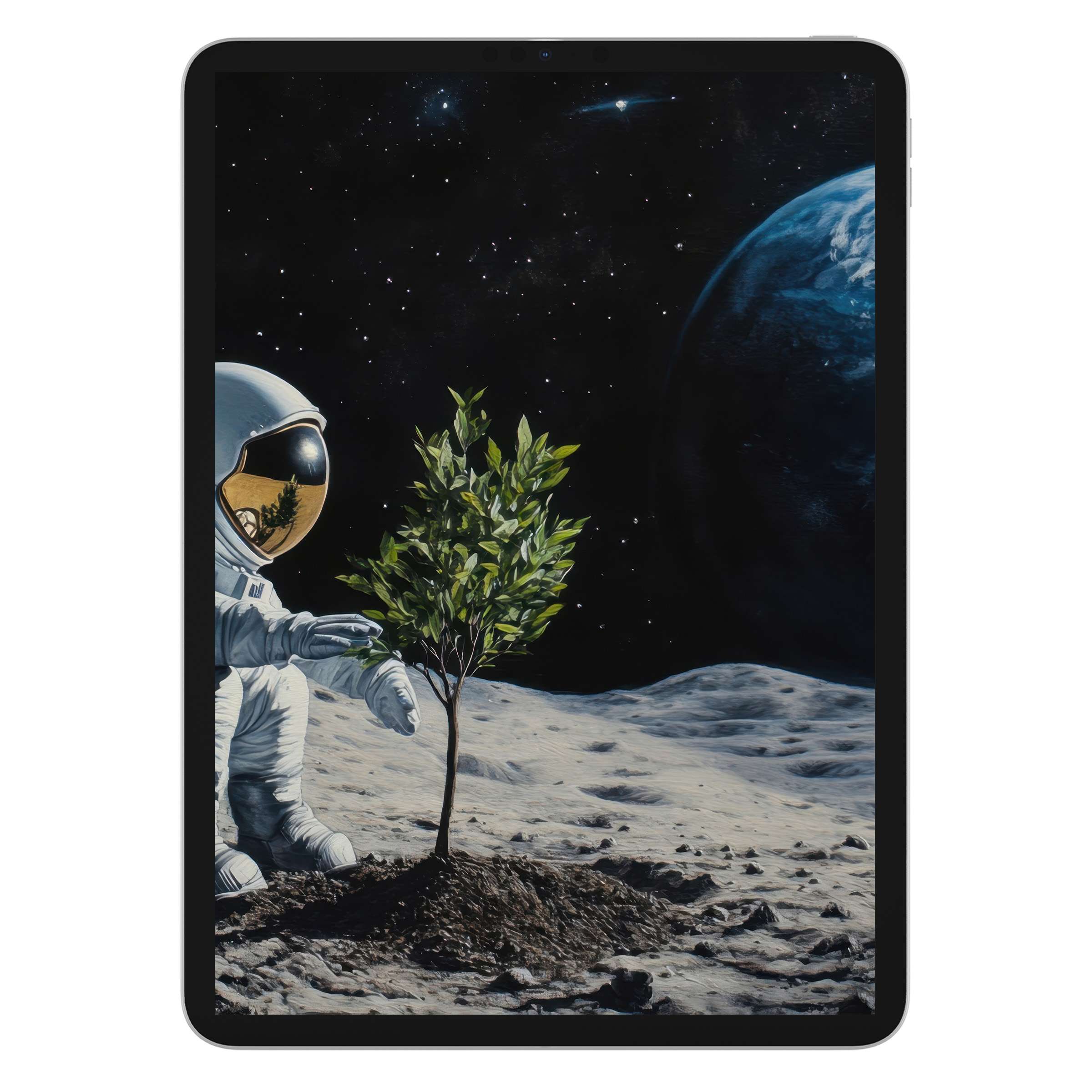 Astronaut nurturing young tree on lunar surface in minimalist style street art iPad wallpaper digital download for tablet background