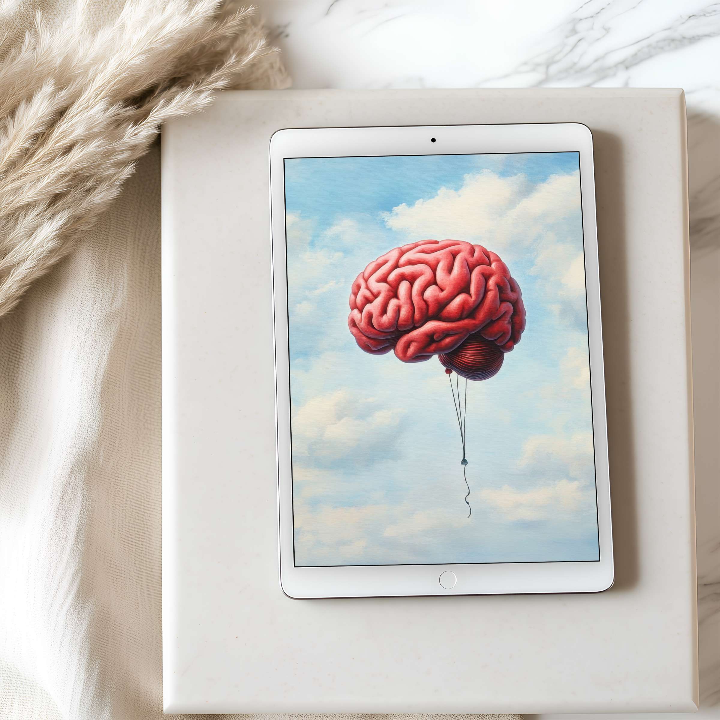 Floating red brain art on sky blue tablet wallpaper brings serenity and elegance to iPad in high resolution digital download