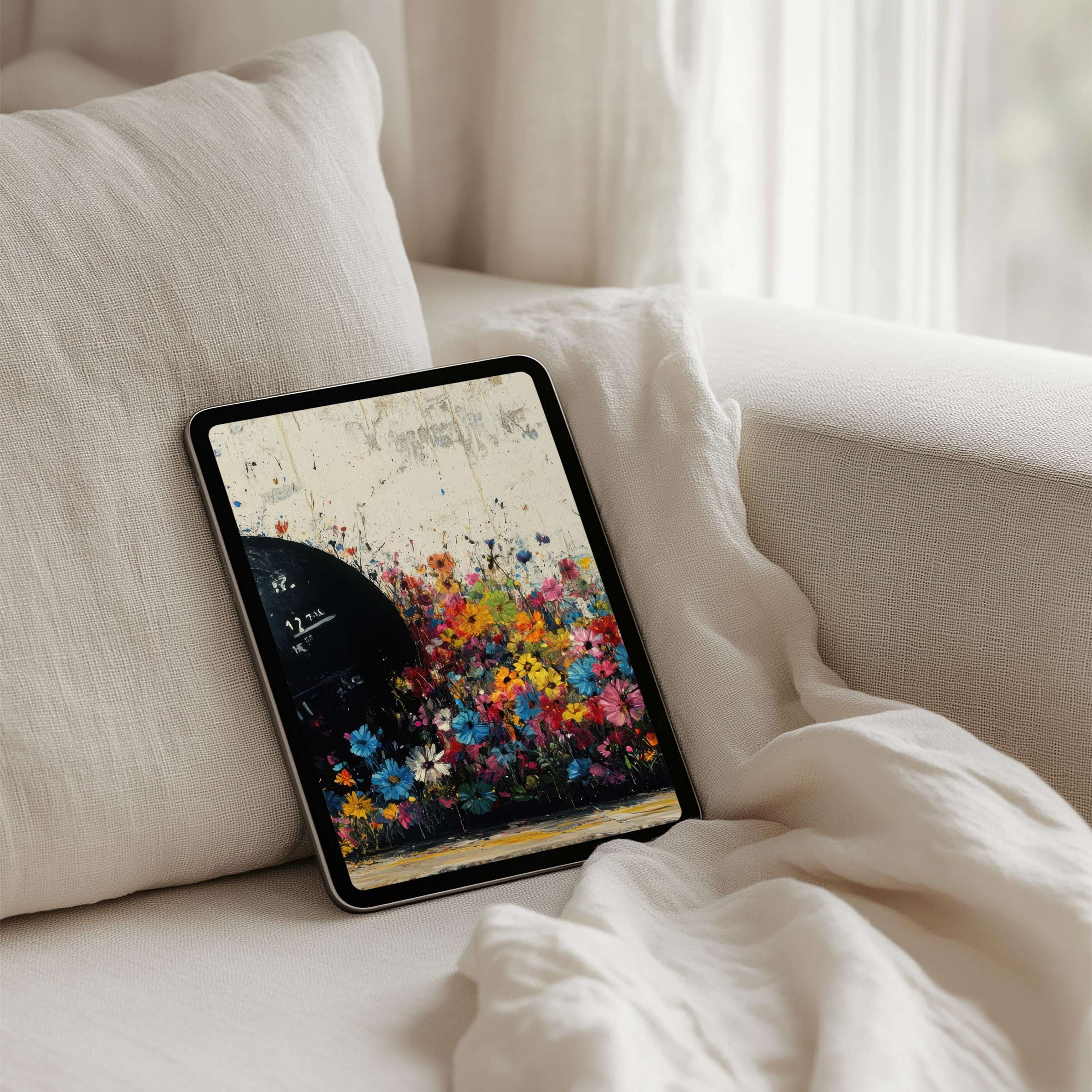 Colorful floral iPad background on a cozy couch evokes calm and elegance, perfect for mindful inspiration on tablet instant download